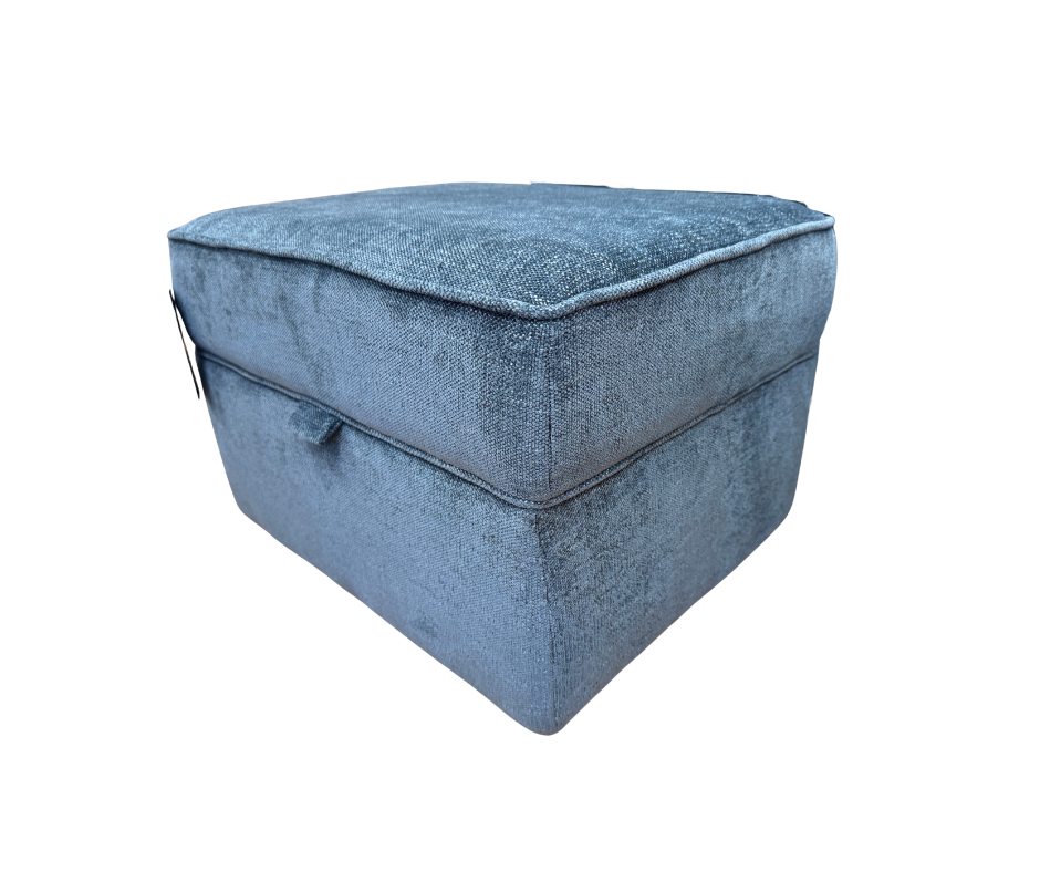 Small compact storage footstool in Marlon Atlantic blue fabric