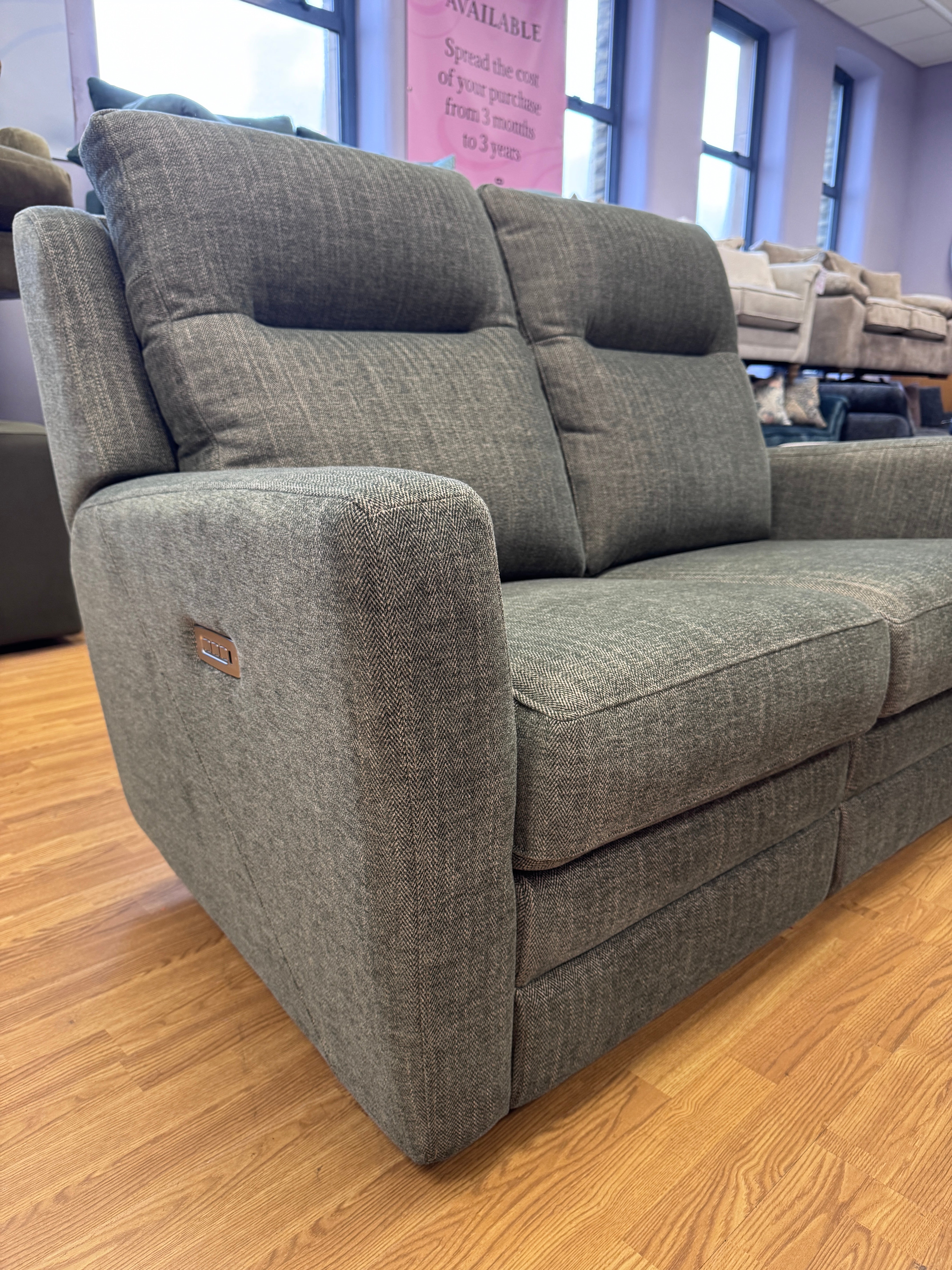 Parker Knoll Chicago split 2 seater electric reclining sofa with lumbar support in Green herringbone fabric