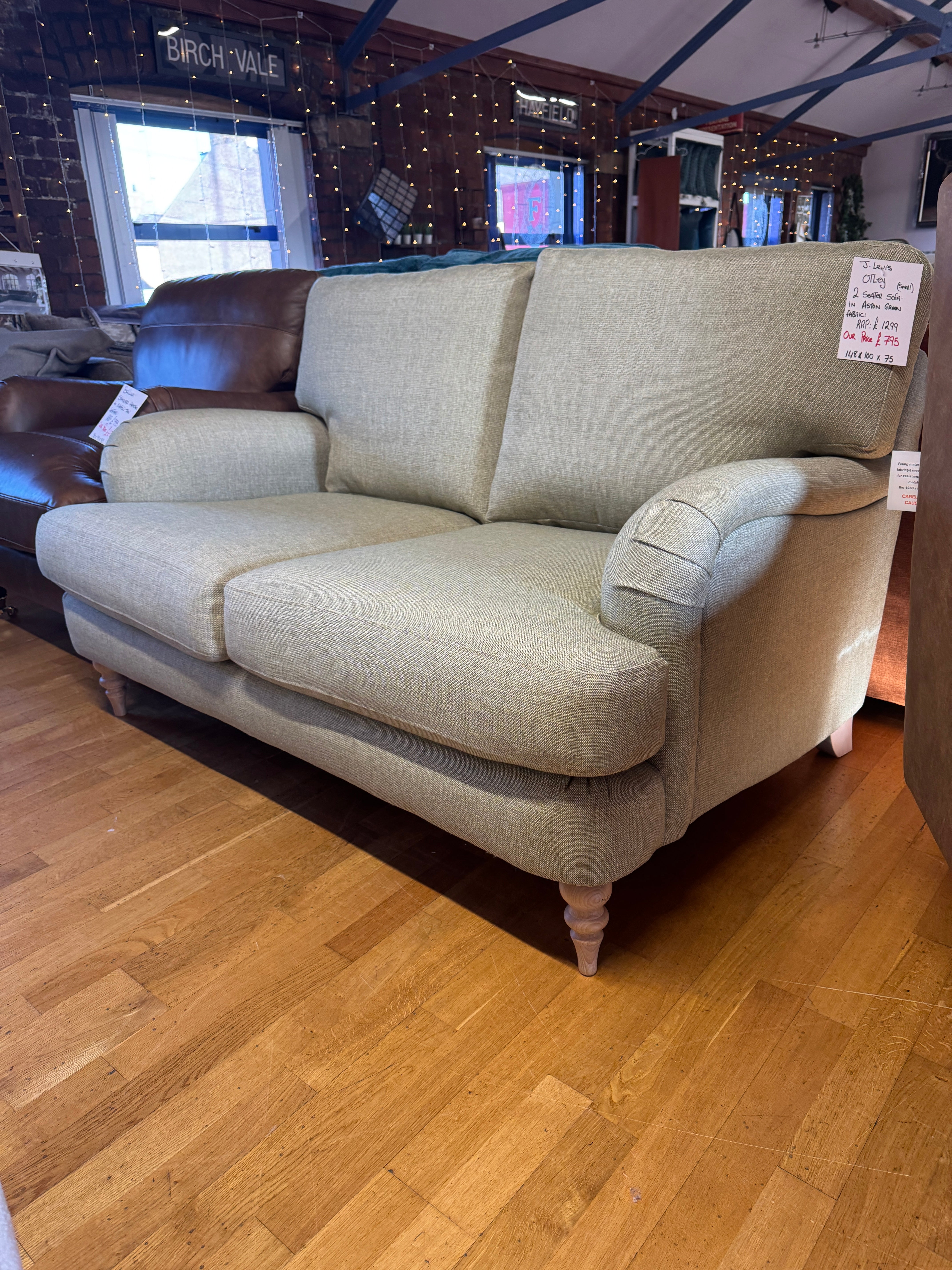 Otley 2 seater standard back sofa in Aston Green Aquaclean fabric