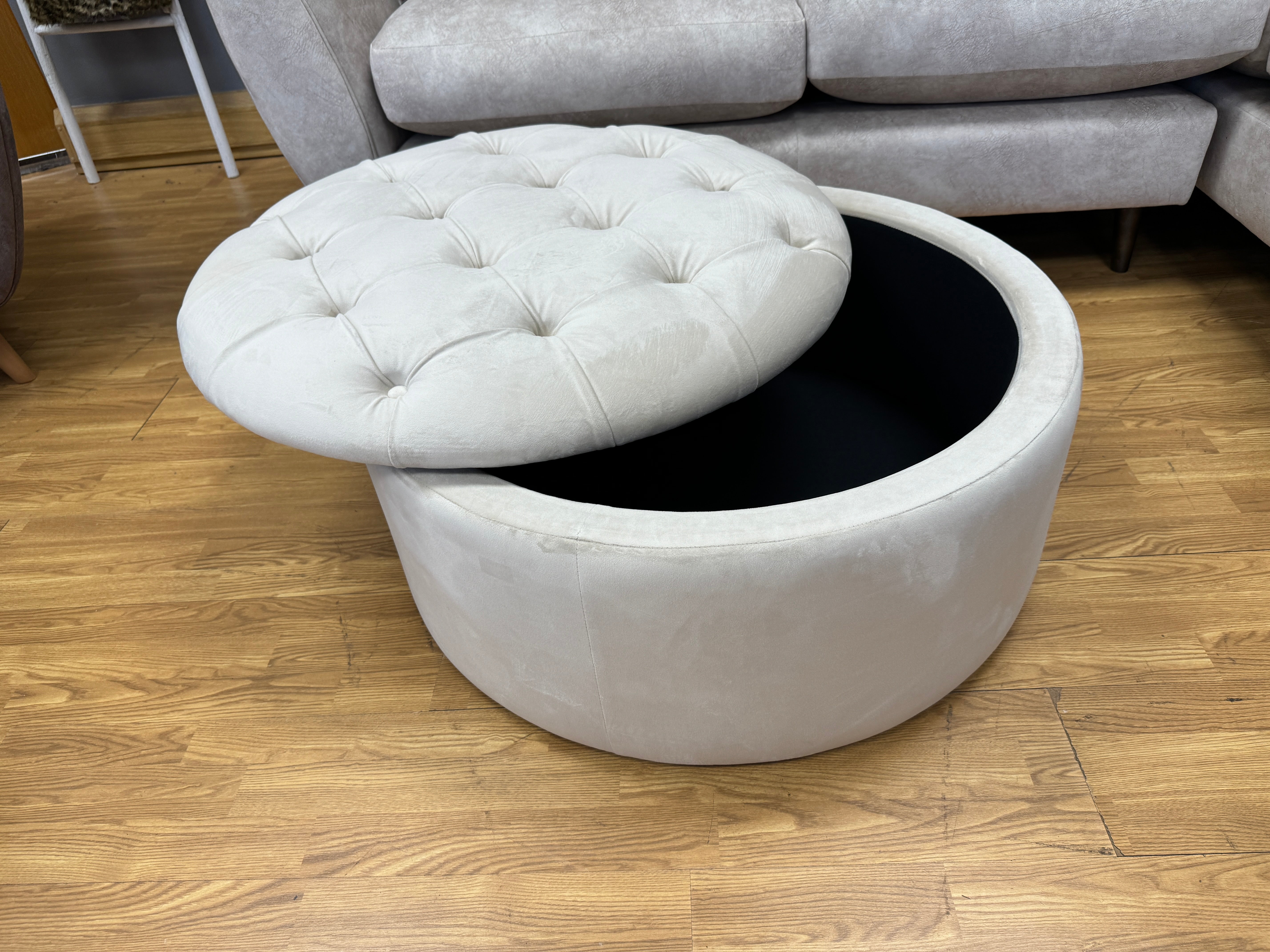 EMPRESS round padded button top storage footstool in light grey velvet