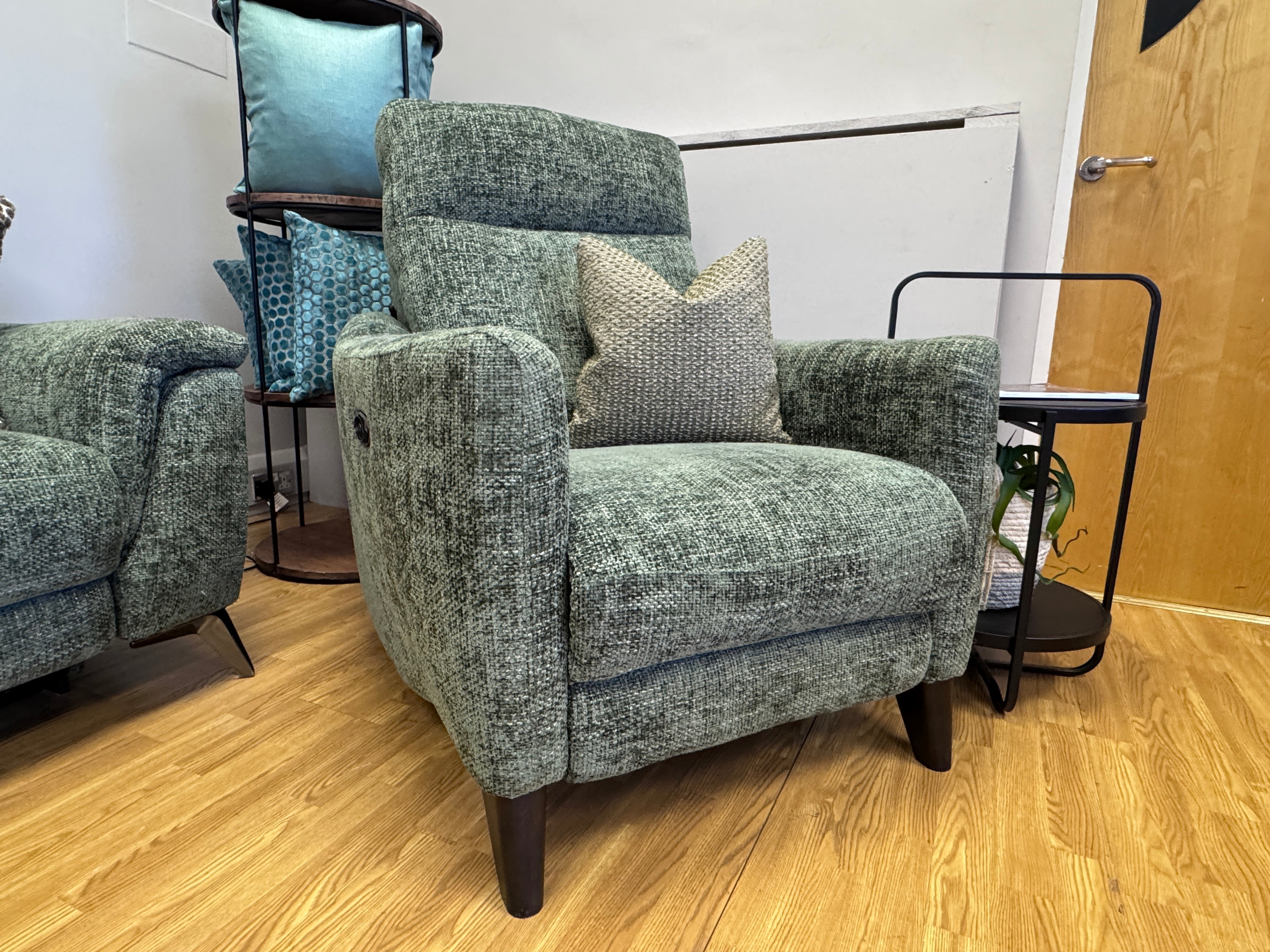 Contempo Left facing Electric reclining corner sofa & matching reclining chair in green chenille basket weave fabric