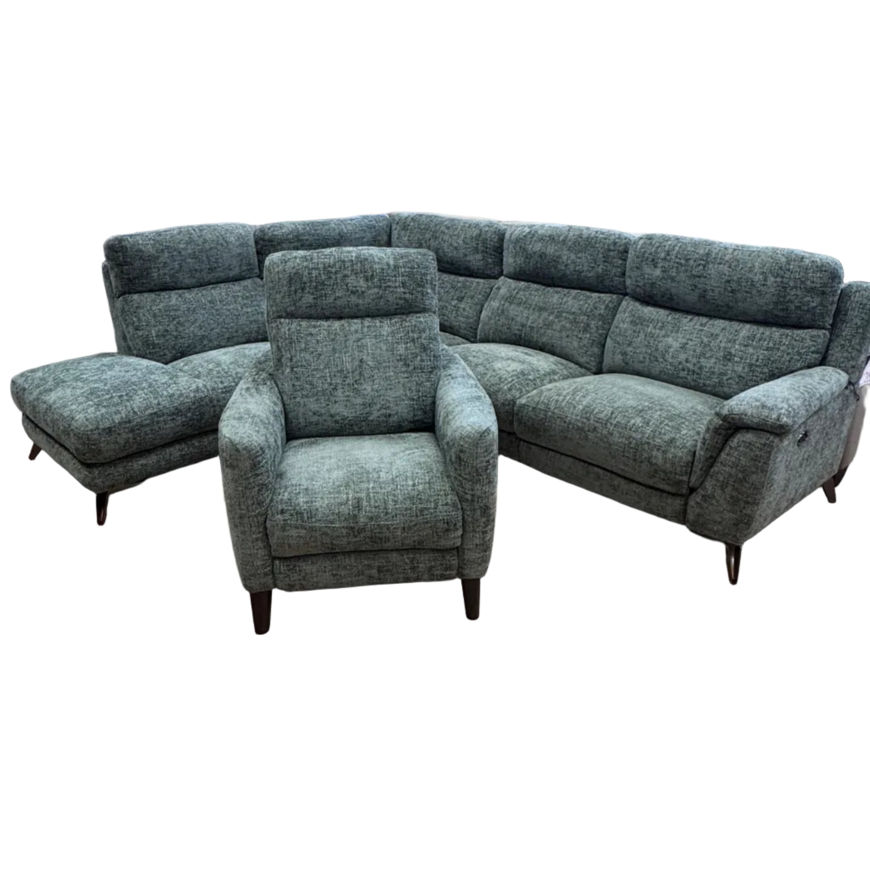 Contempo Left facing Electric reclining corner sofa & matching reclining chair in green chenille basket weave fabric