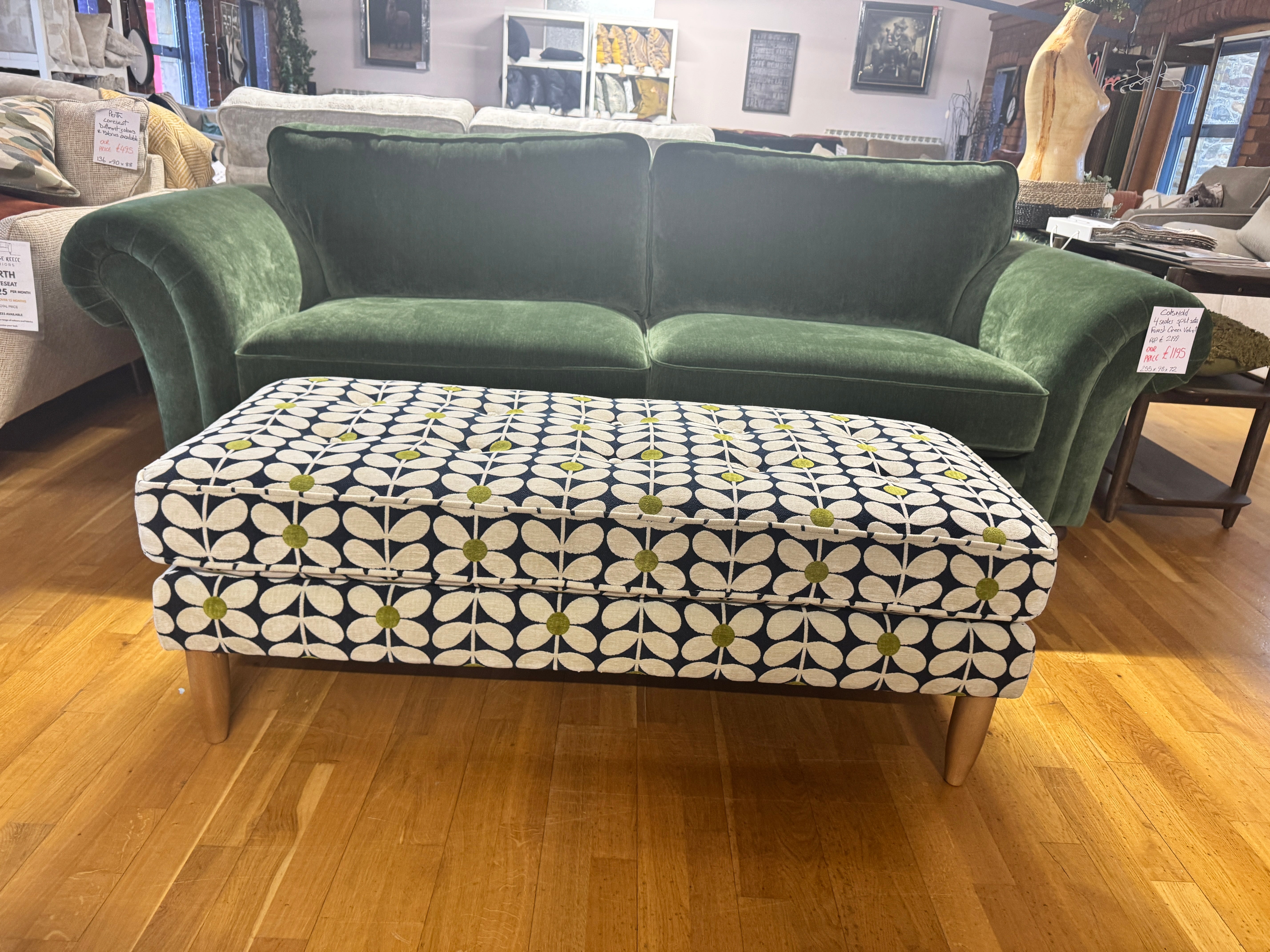 Ebben large bench style footstool in Sixties Stem print Dusk fabric