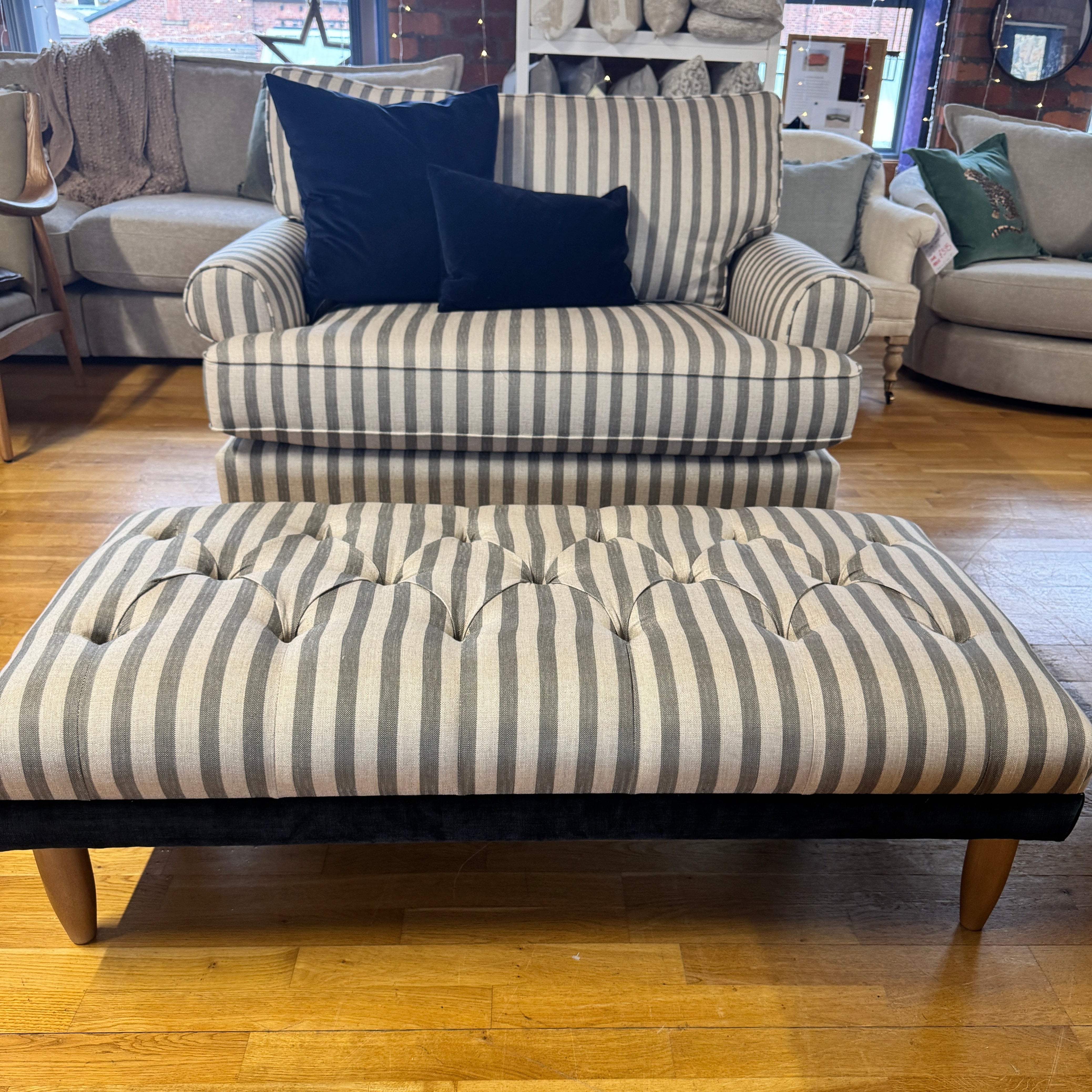 Finchley button top bench footstool in linen mix grey stripe fabric