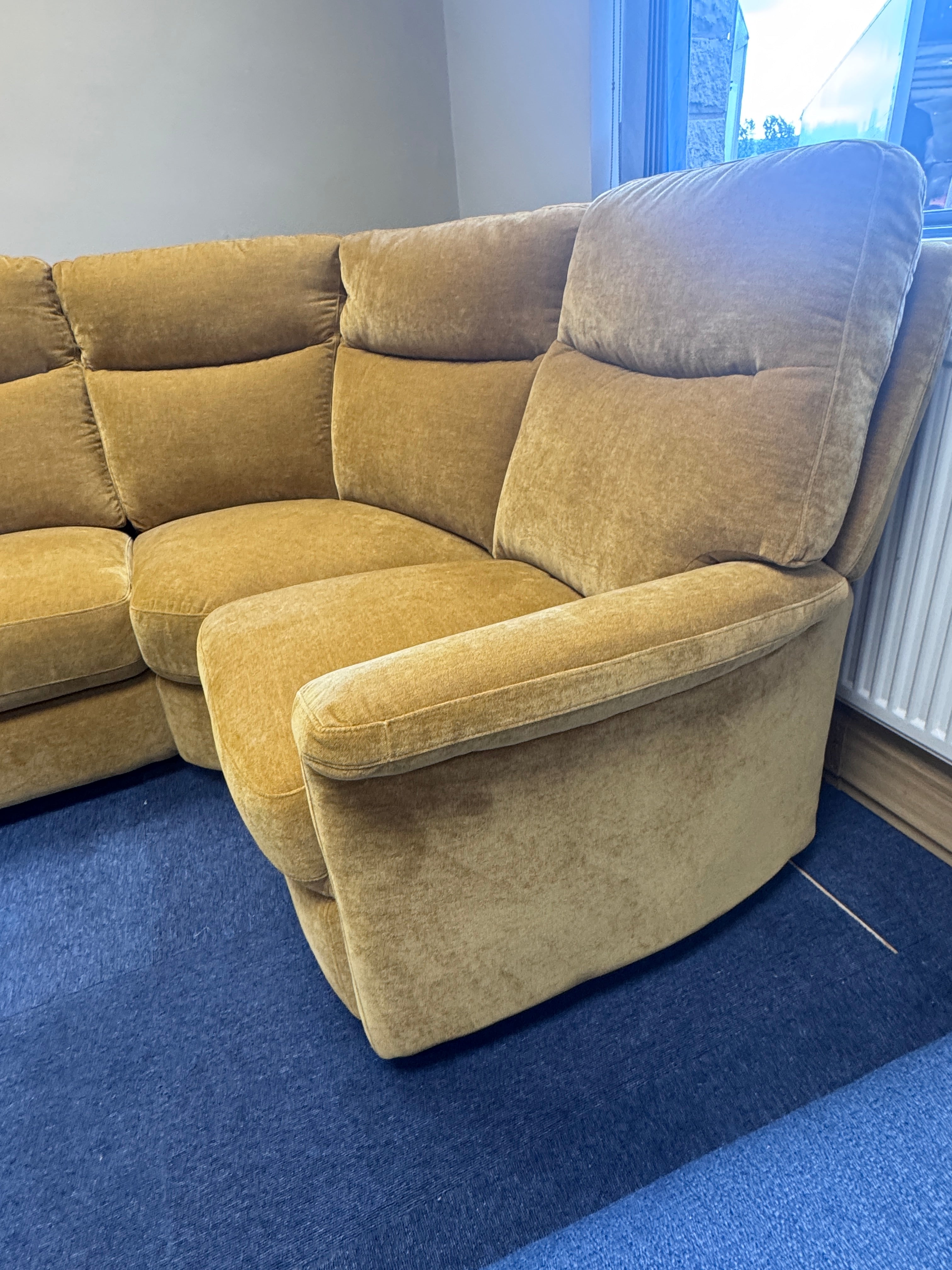Snug Right facing electric reclining 3 piece corner sofa in mustard velvet fabric