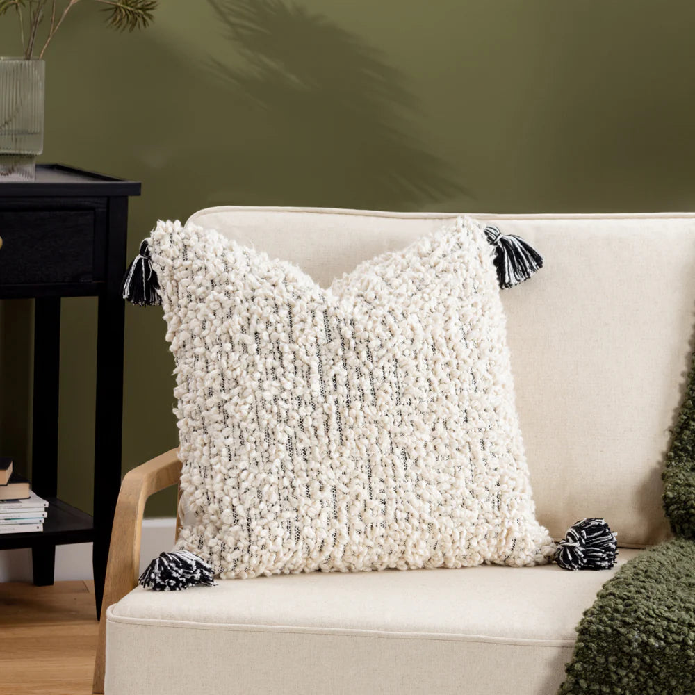 Cambre boucle cushion with tassel corners in Mono 50 x 50cm