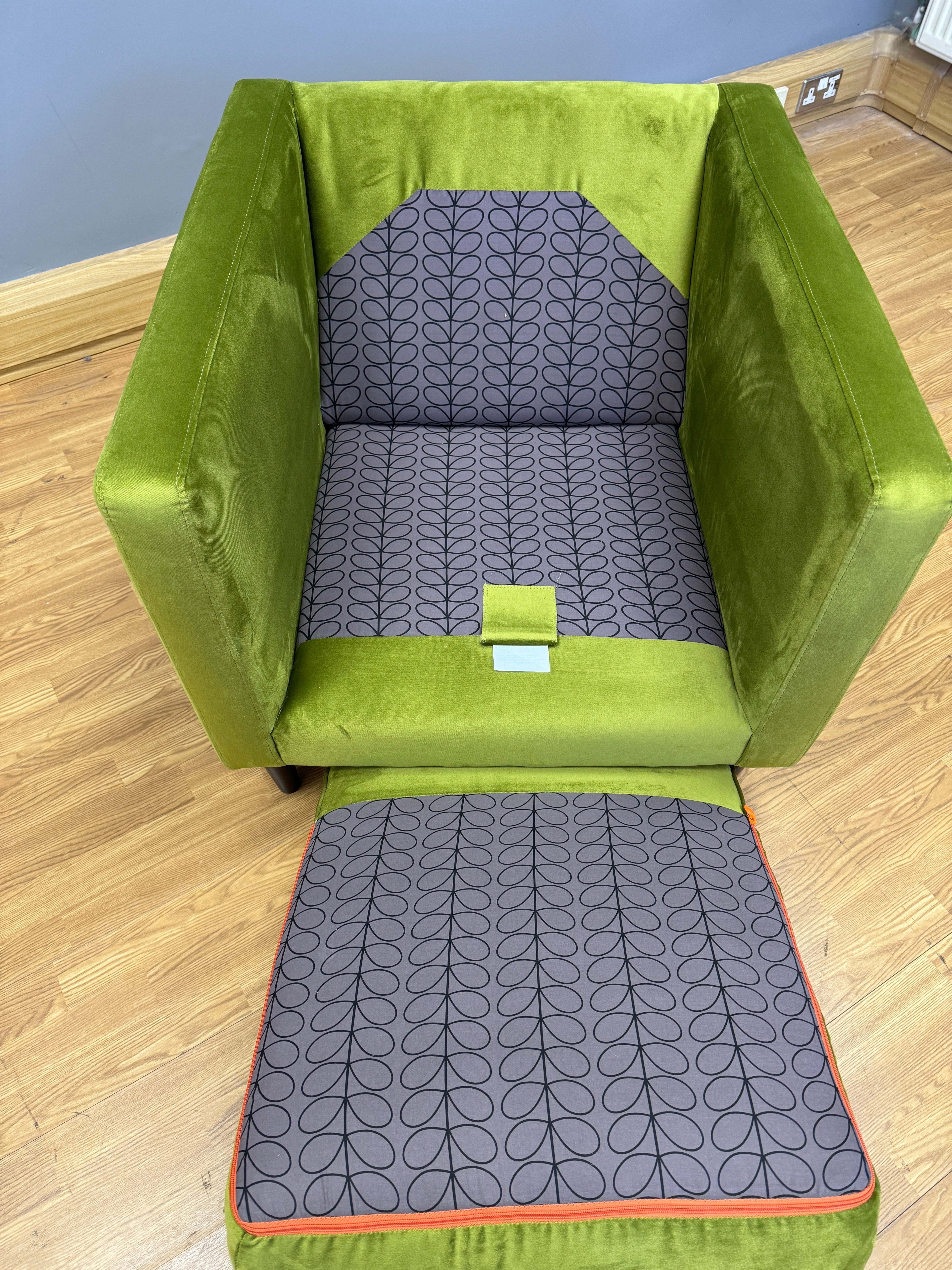 Orla Kiely Sample accent chair in lime green velvet fabric