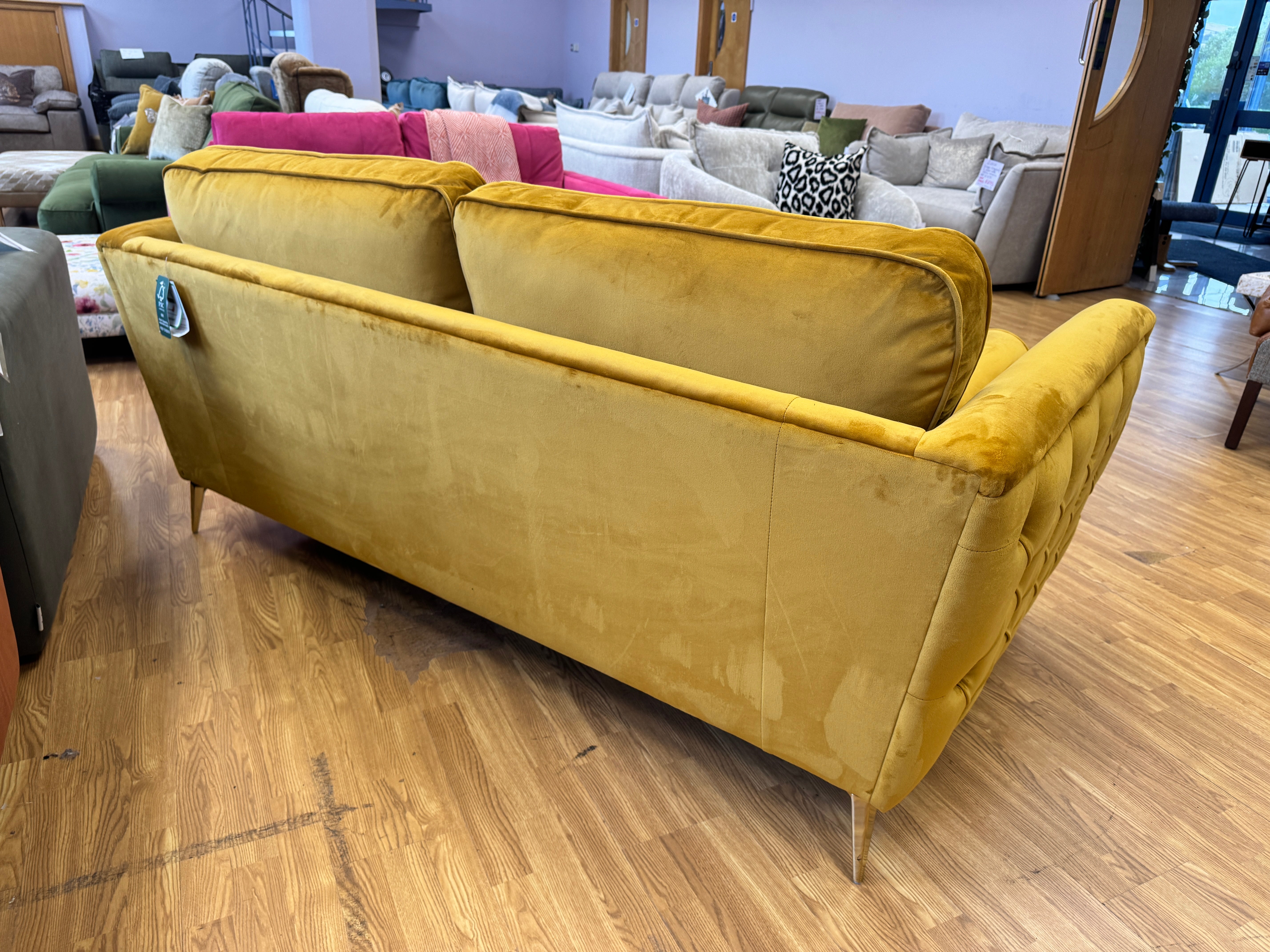 Show Stoppa 3 seater sofa with bolster cushions in amber gold velvet