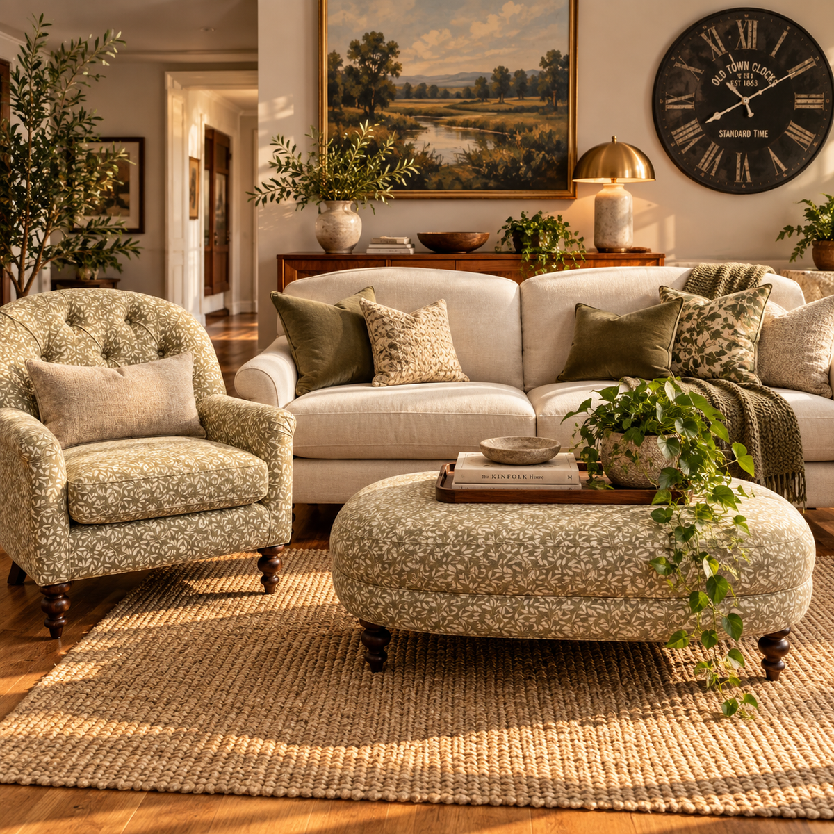 Clover small button back accent chair in Petal stone pattern fabric