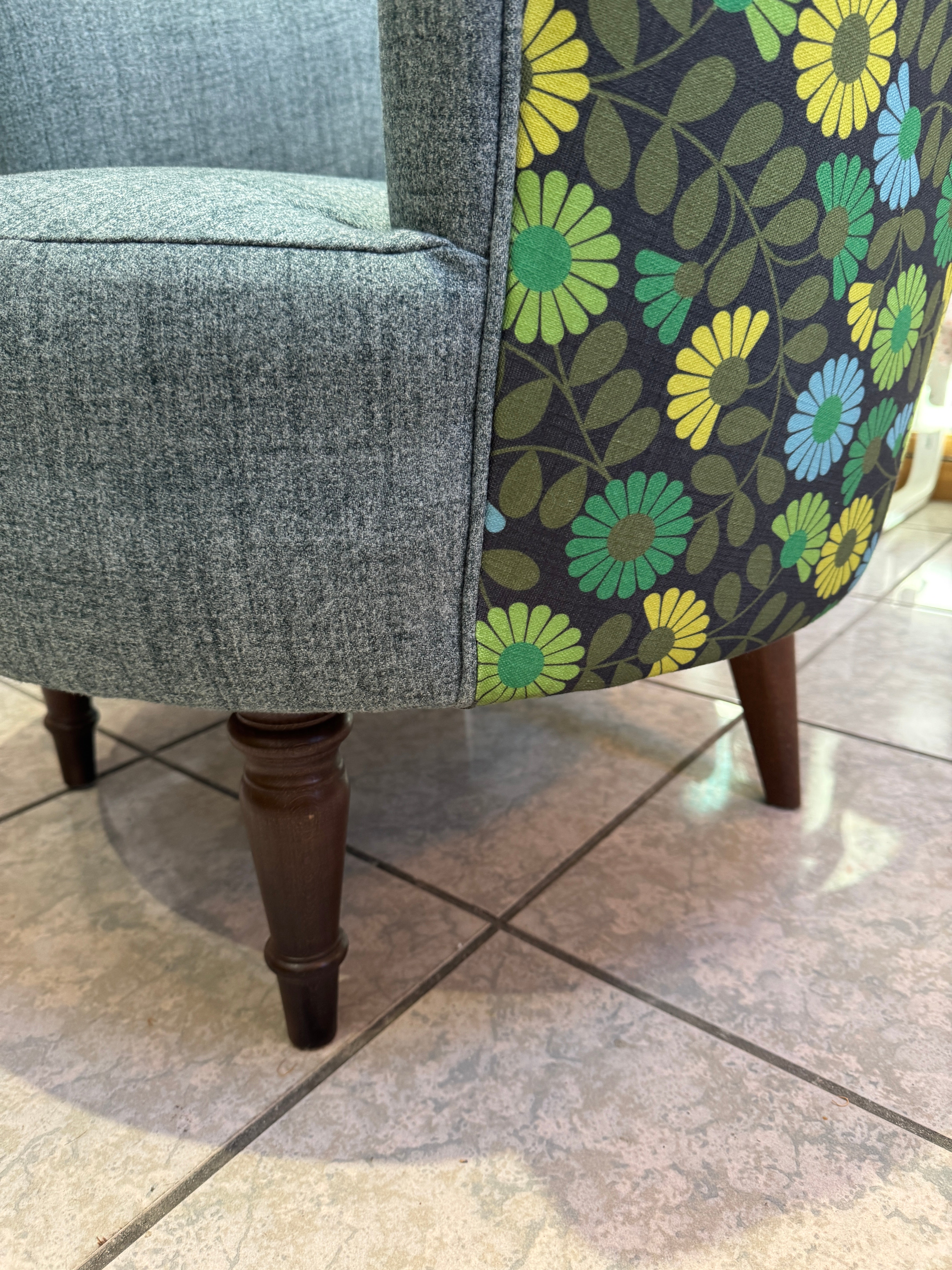 Orla Kiely Lily round tub chair in teal and multi daisy print fabric