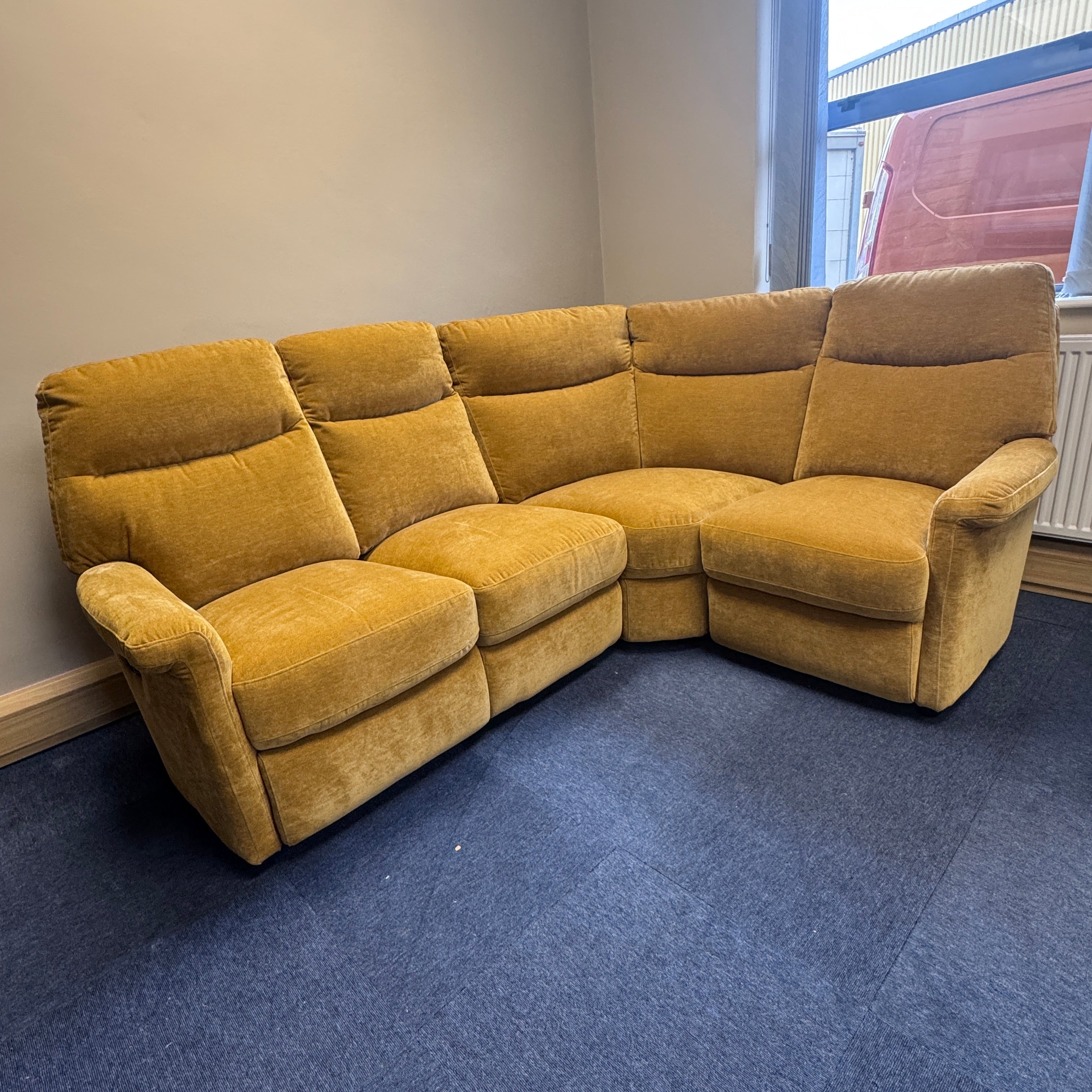 Snug Right facing electric reclining 3 piece corner sofa in mustard velvet fabric