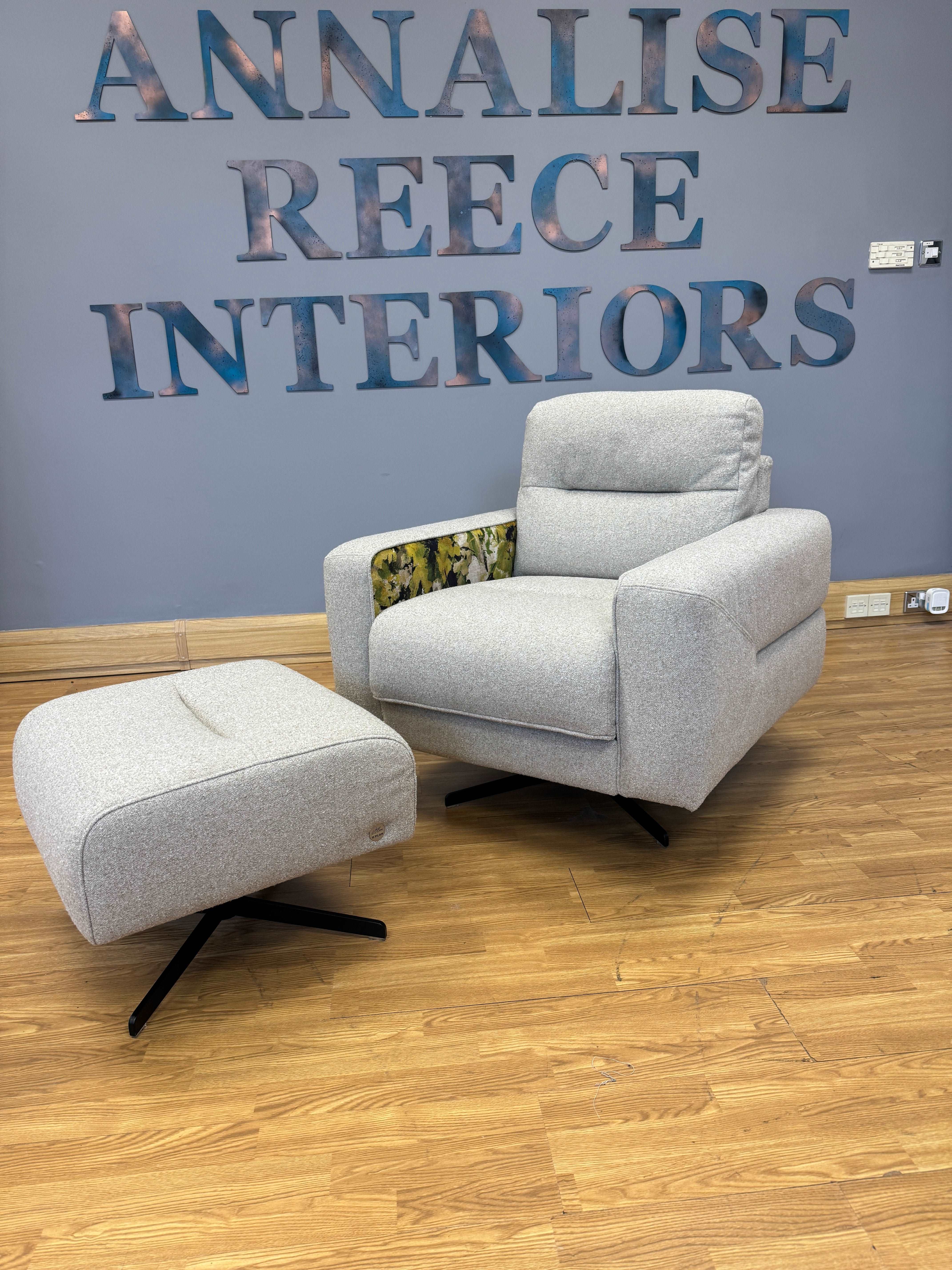 G PLAN X JAY BLADES BETHNAL swivel chair & footstool in oatmeal tweed fabric with contrasting floral velvet inner side panels