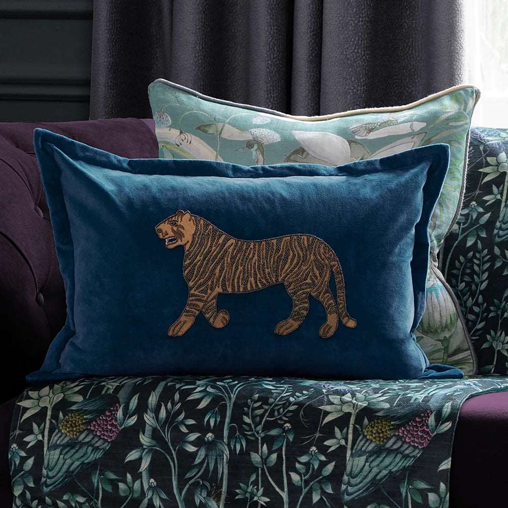 Durga Embroidered Tiger feather Cushion 45cm x 65cm Bluebell