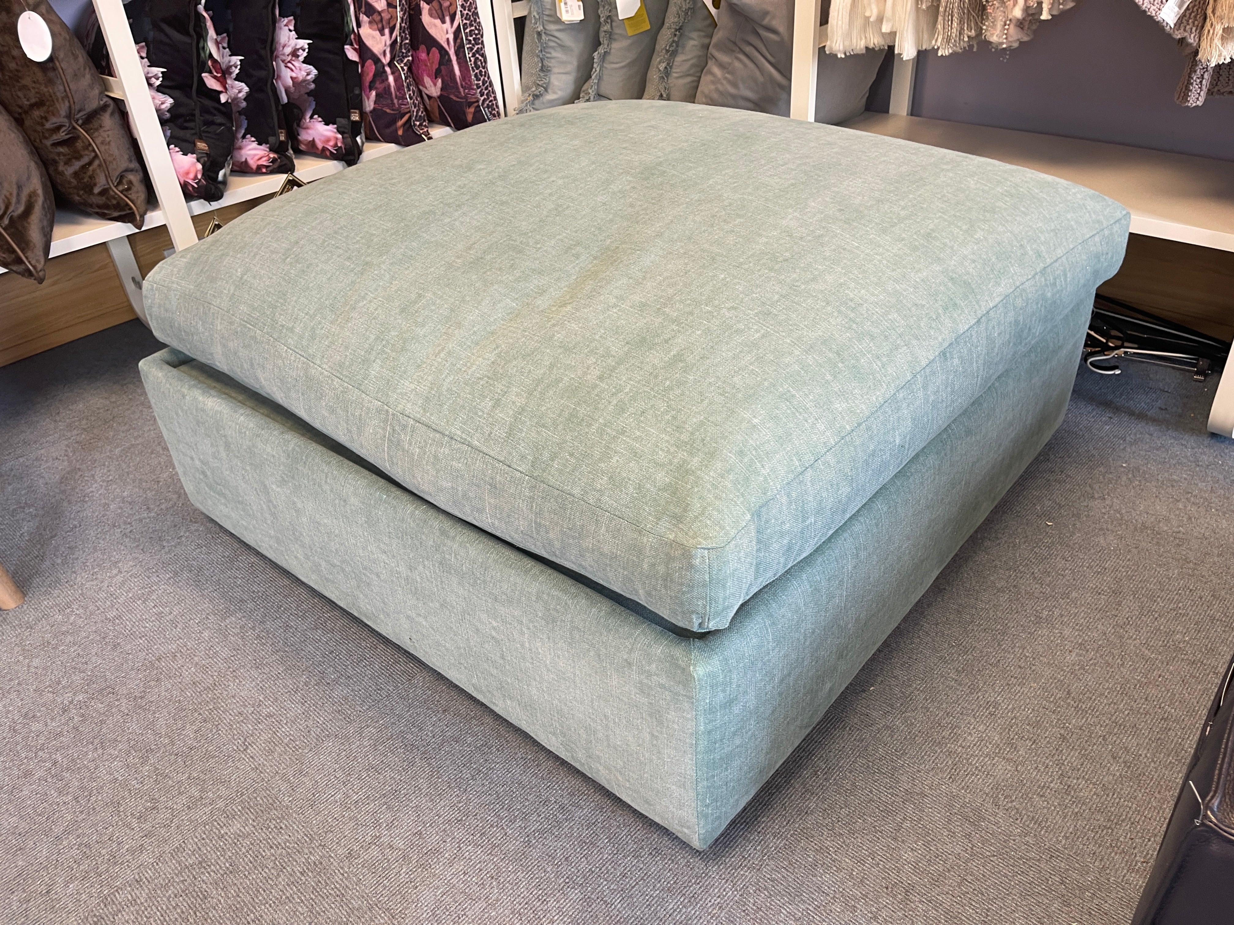 LAMBOURNE large square padded top footstool in teal washed linen