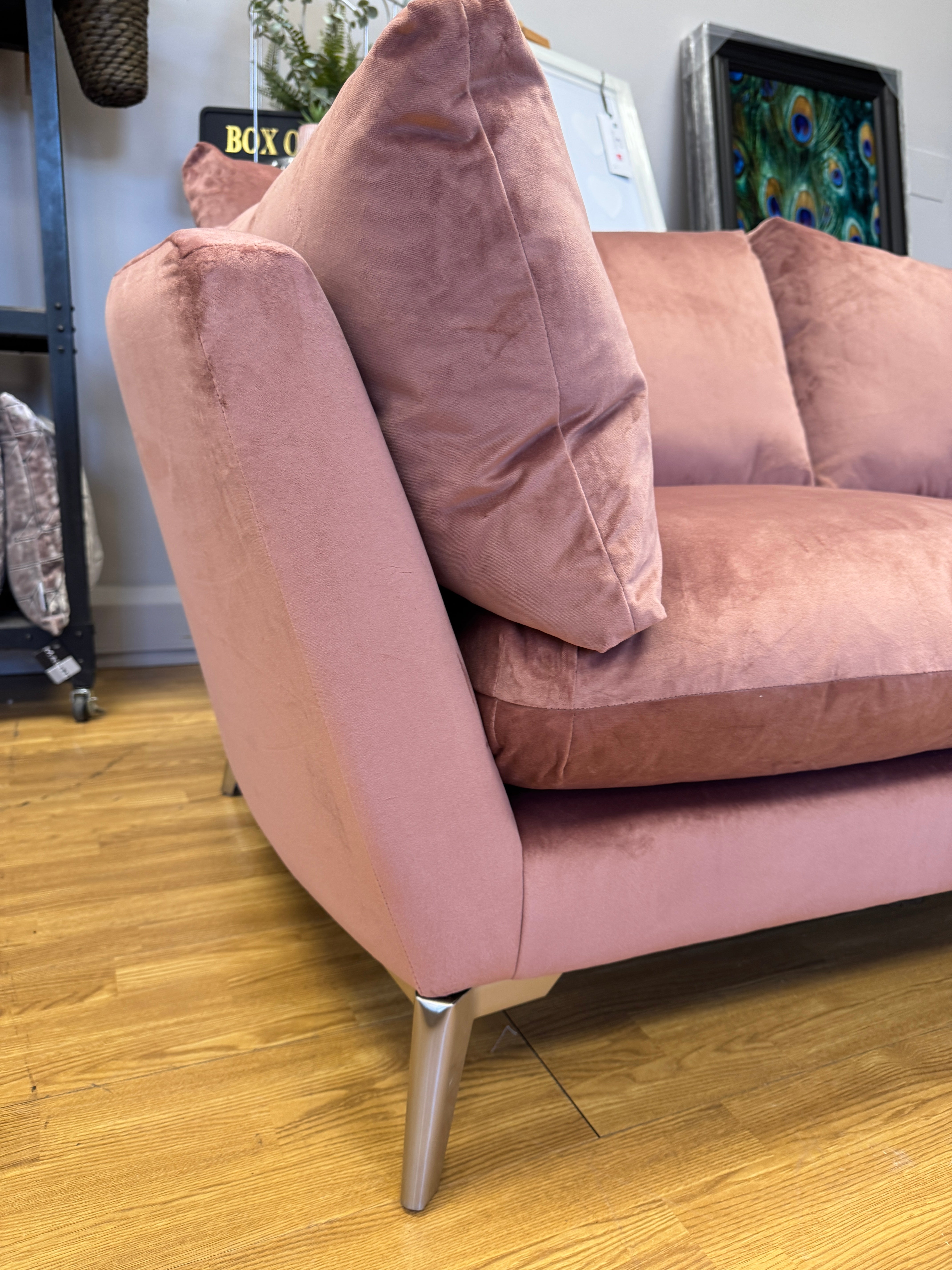 Elton curved sided large 3 seater sofa in Blush pink velvet fabric & matching footstool