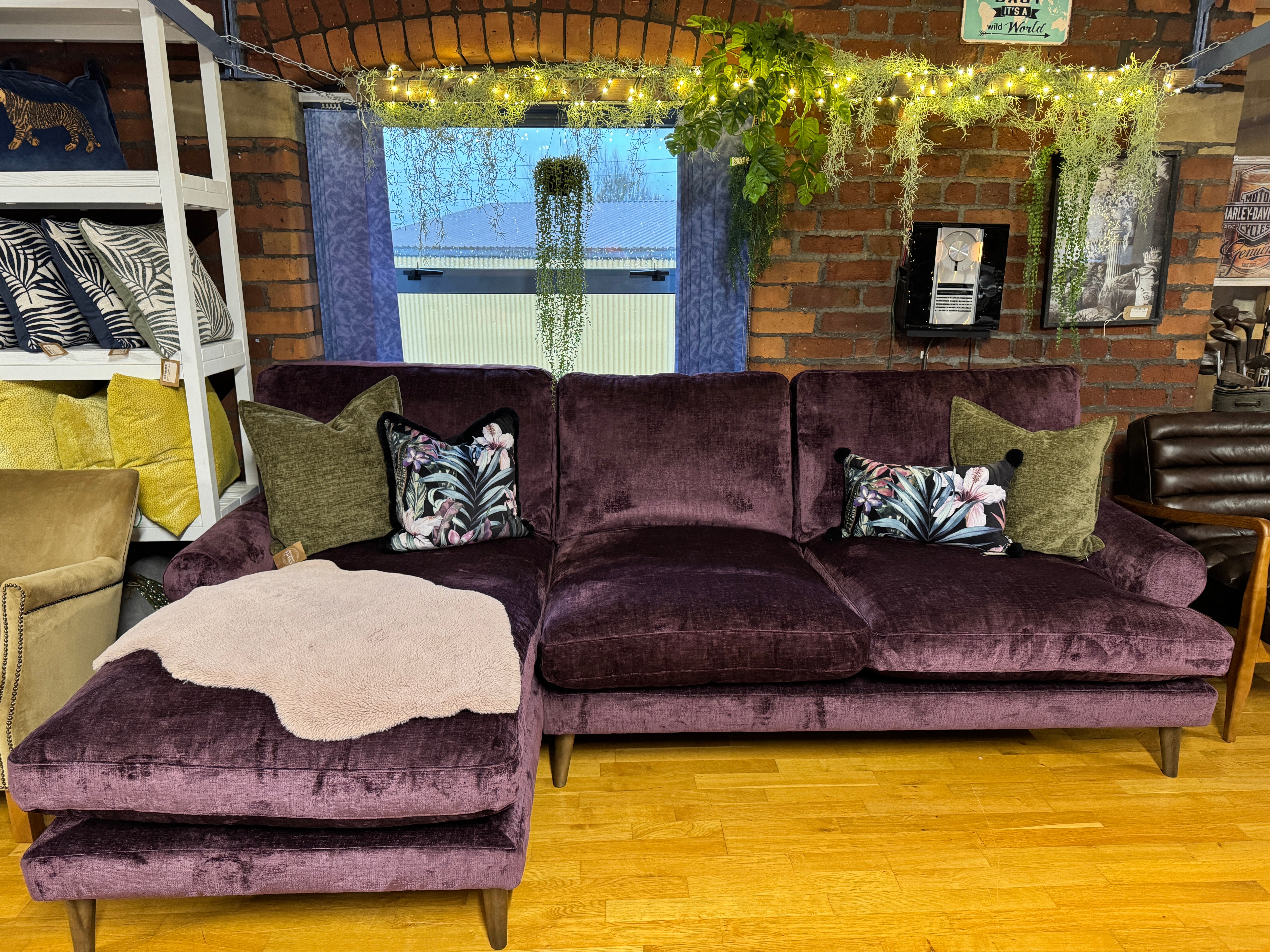 Next Erin left facing 2 piece deep chaise sofa in Dark Plum Purple chenille