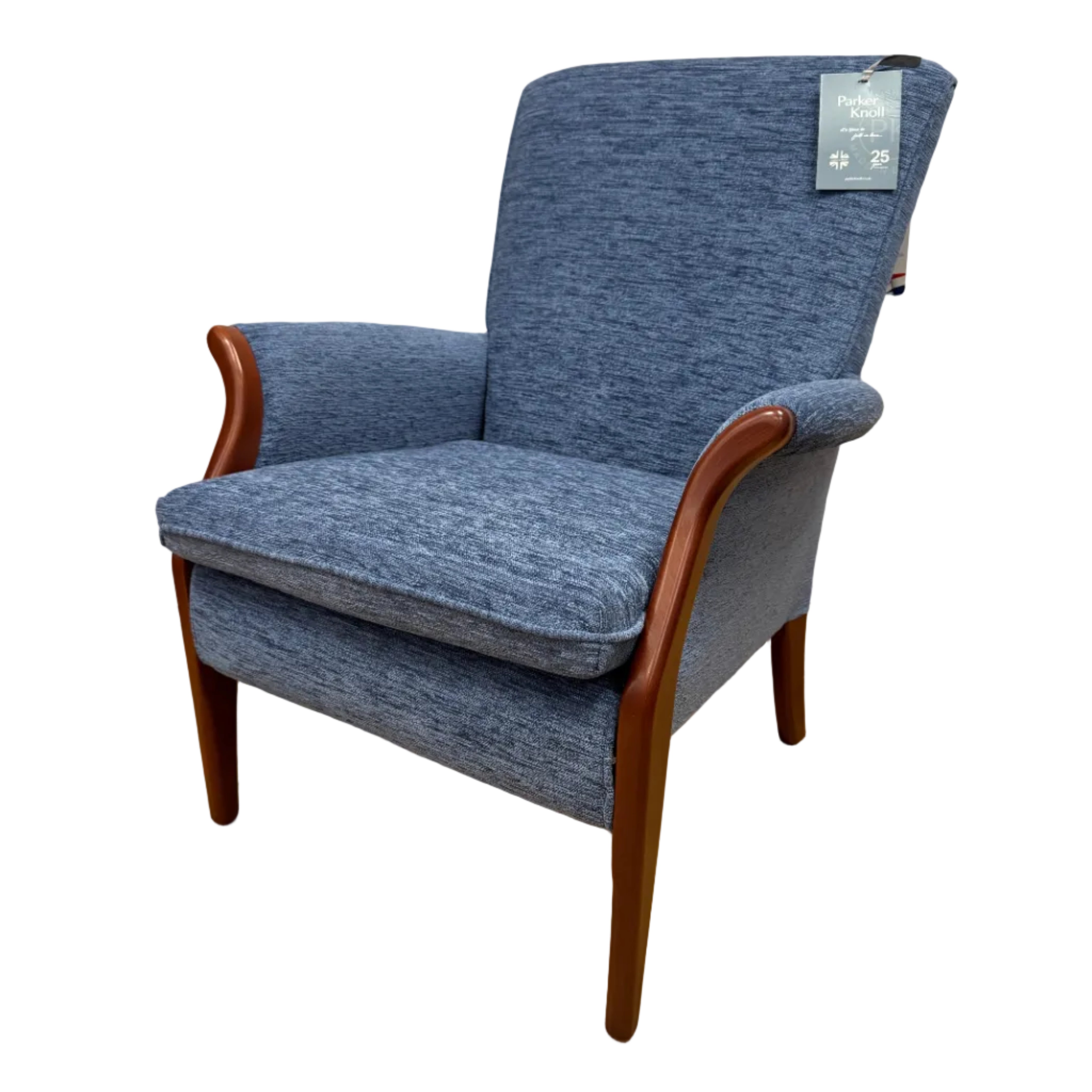 Parker Knoll Froxfield fireside chair in marine blue fabric with cherry wood frame