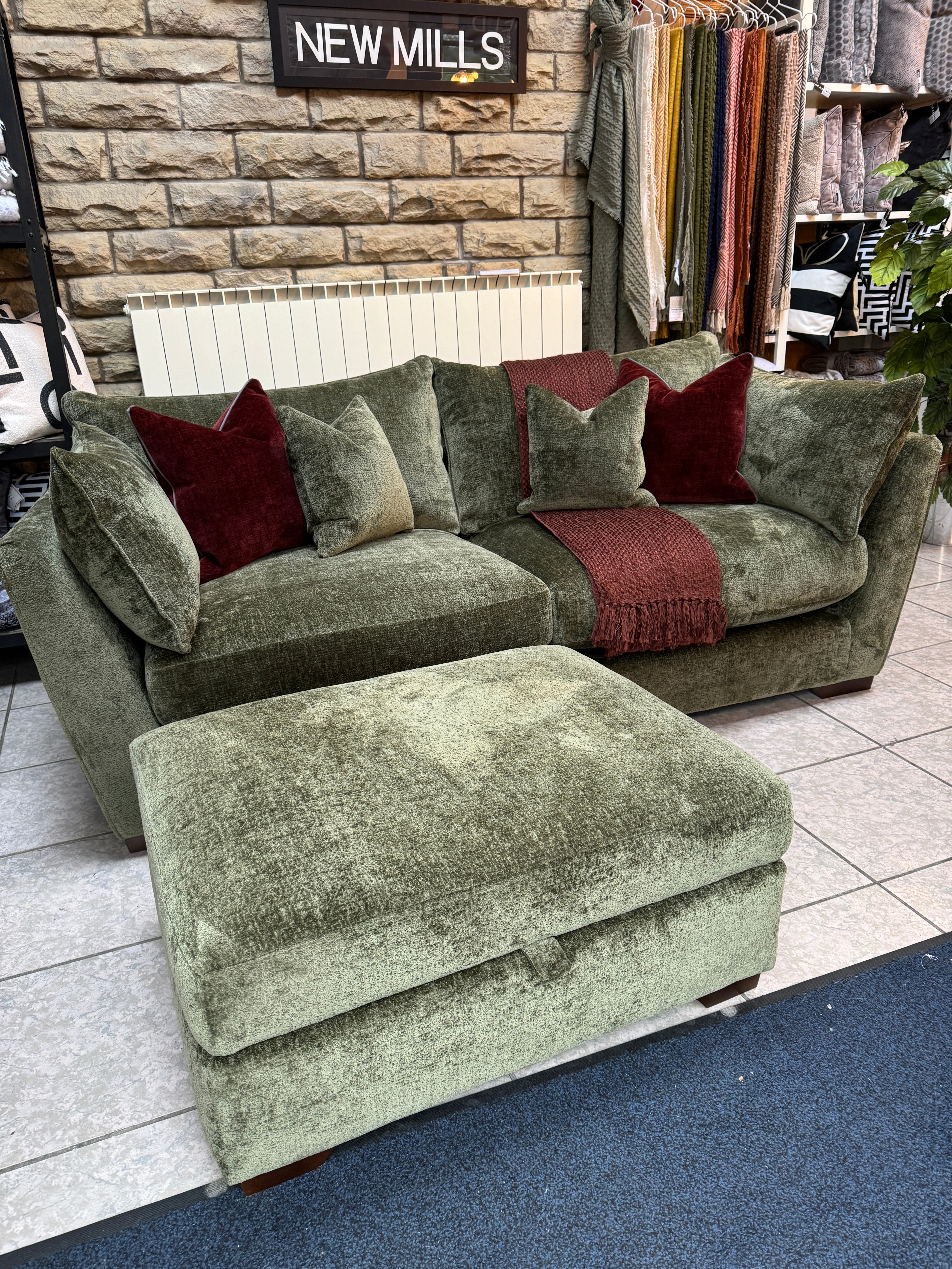 GRAND DESIGNS Dunstable 3 seater sofa & storage footstool in luxury green chenille