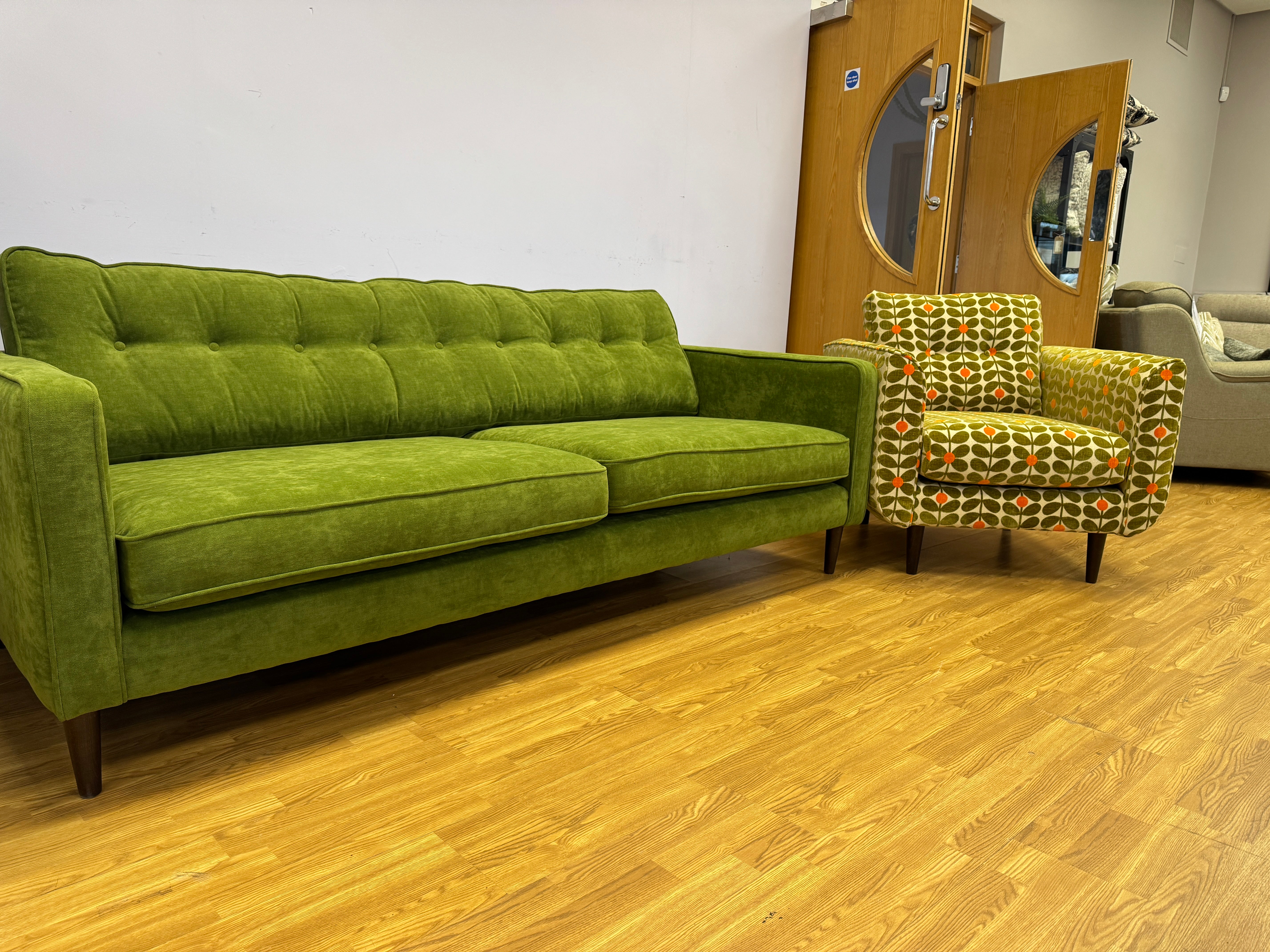Retro large 4 seater bench back sofa in Seagrass green velvet