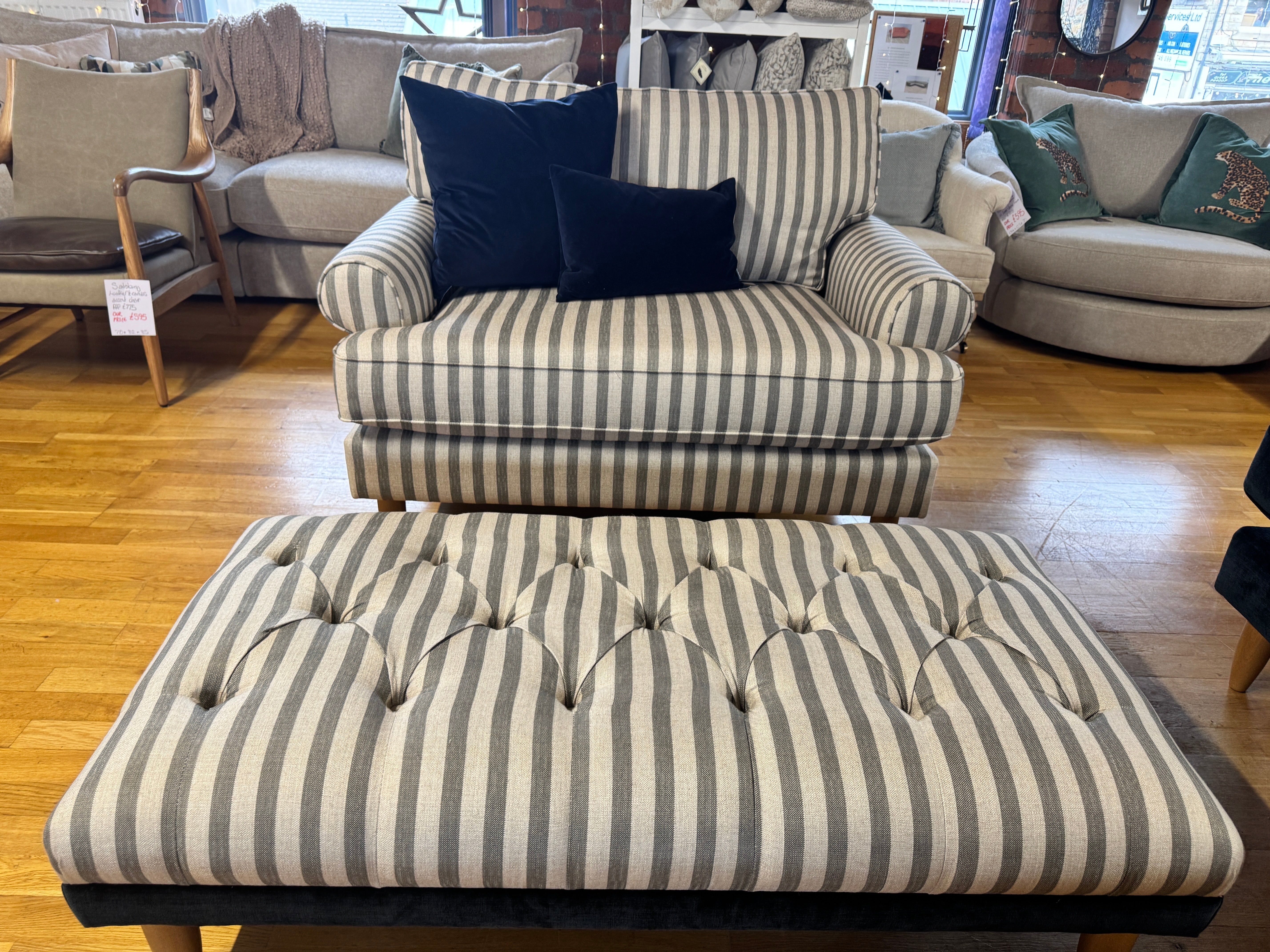 Finchley button top bench footstool in linen mix grey stripe fabric
