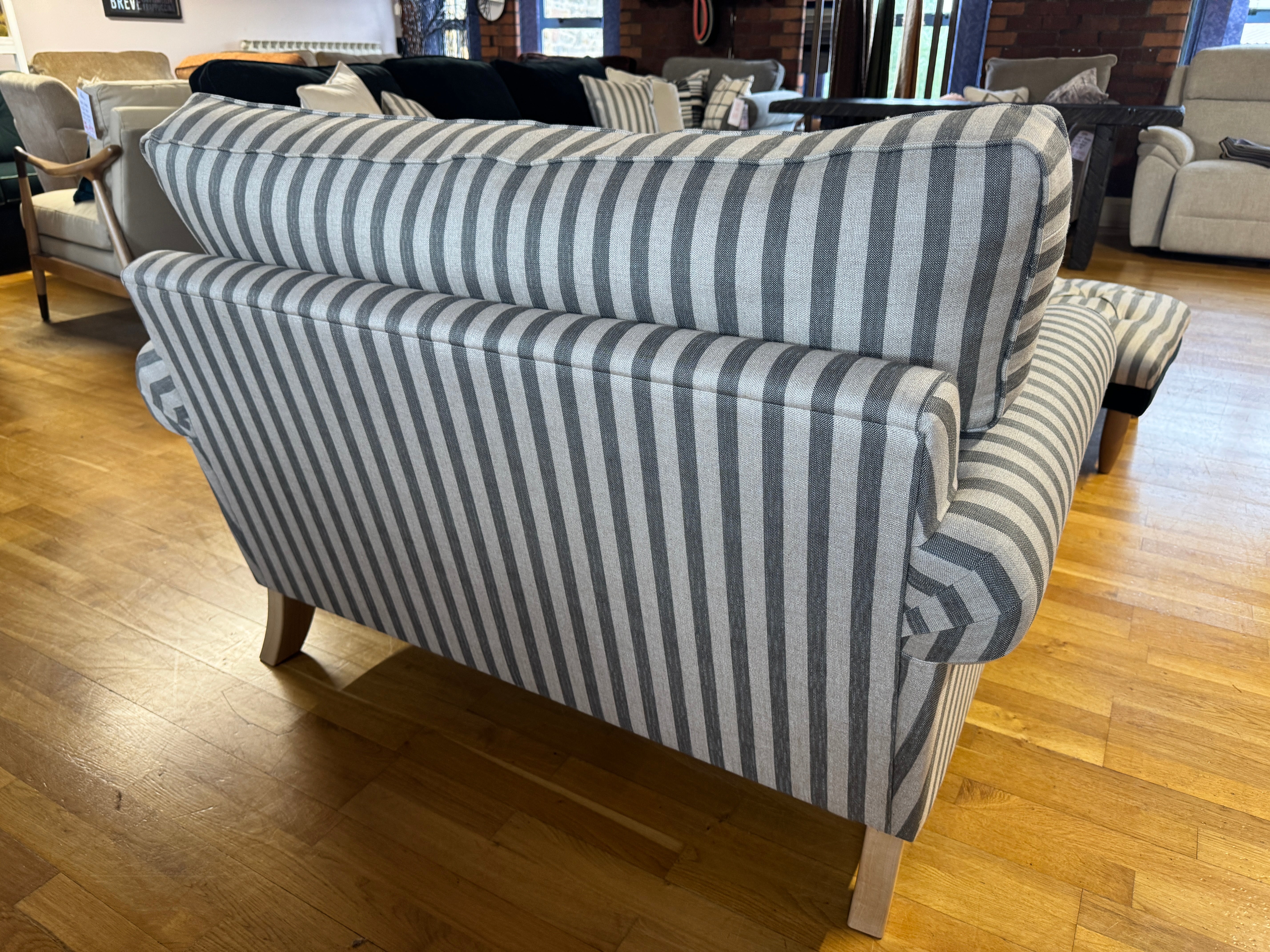 Finchley loveseat snuggle chair in linen mix grey stripe fabric