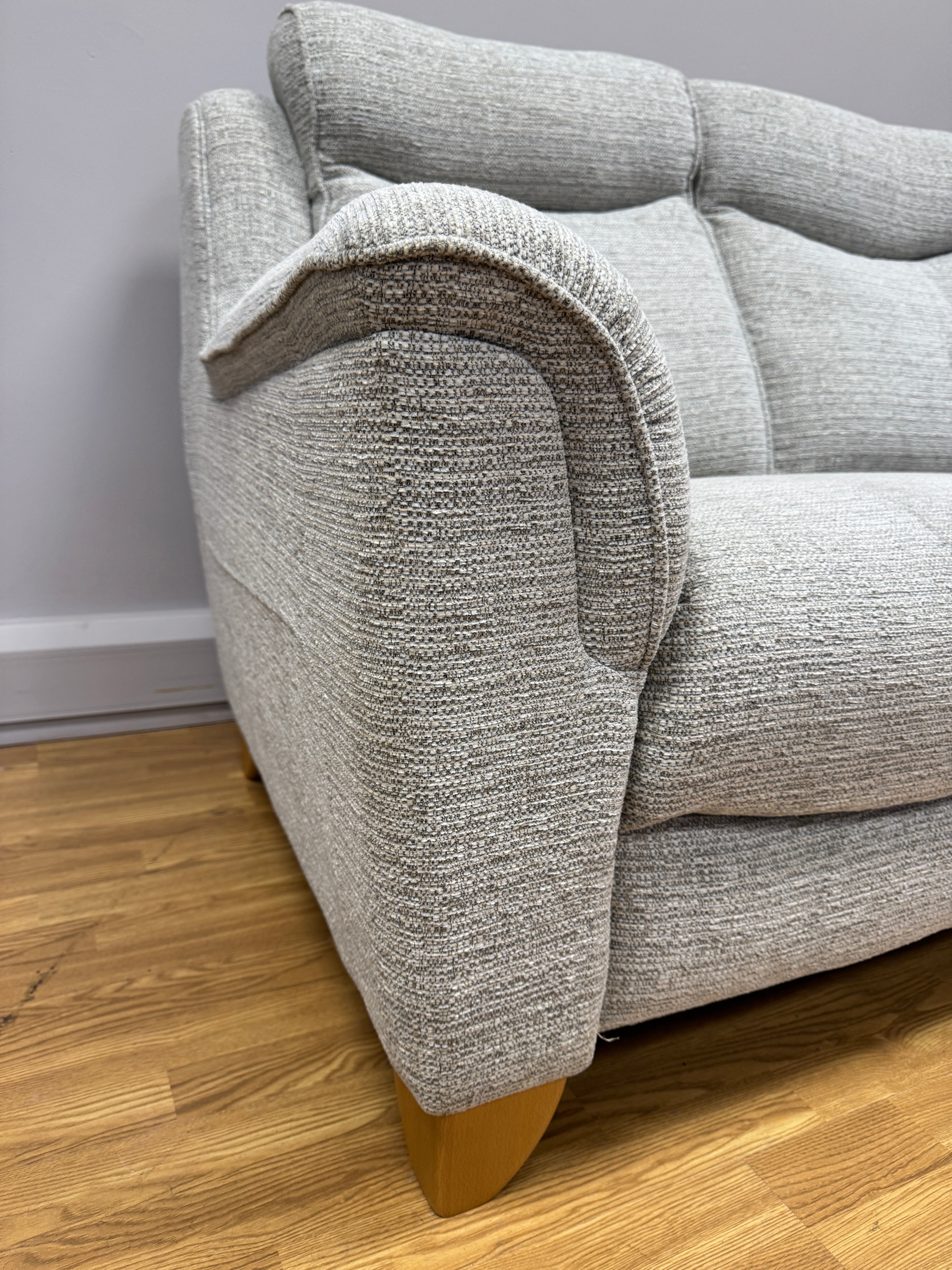 Parker Knoll Manhattan 3 seater high back sofa in light grey mix weave fabric