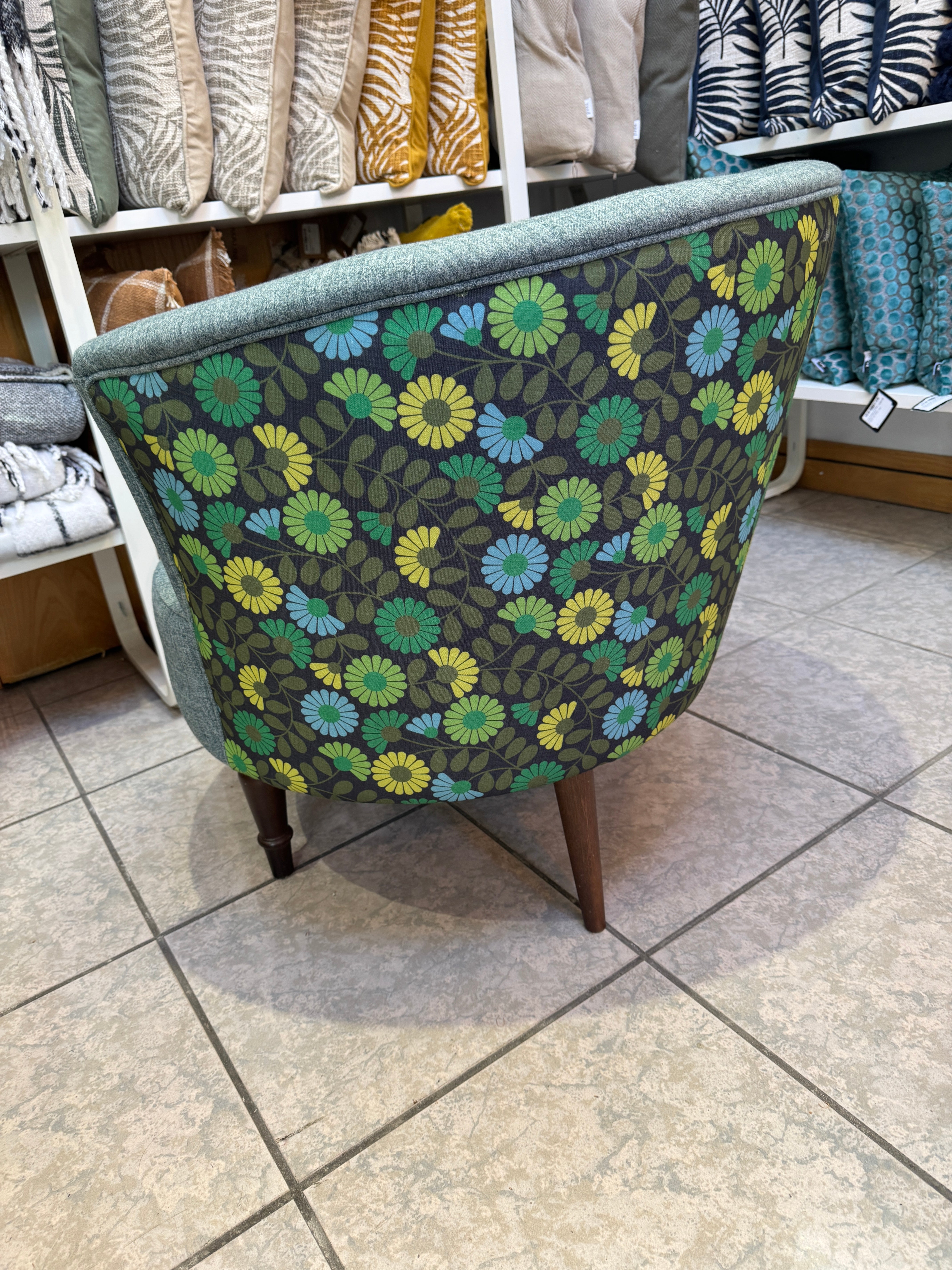 Orla Kiely Lily round tub chair in teal and multi daisy print fabric