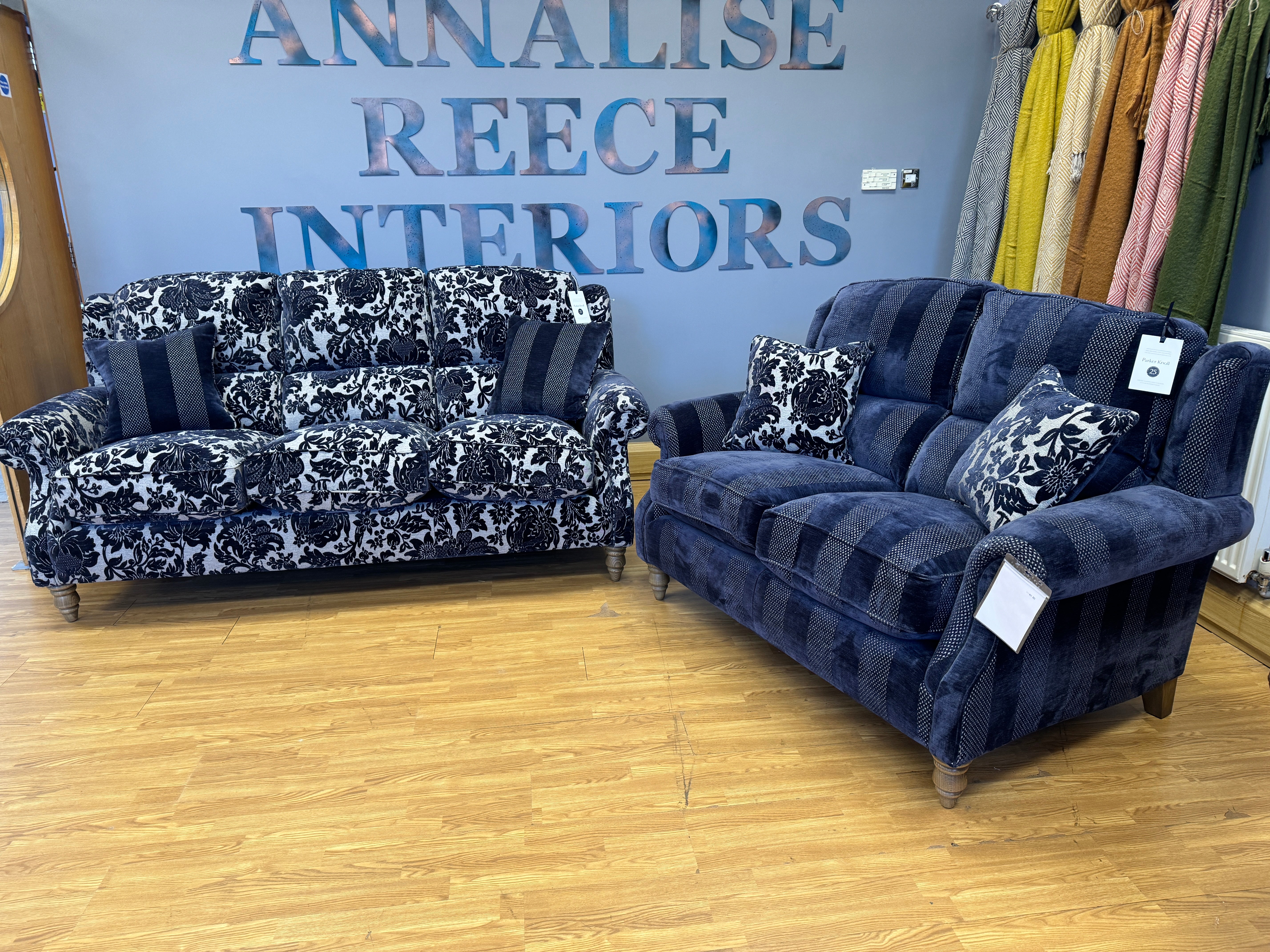 Parker Knoll Oakham 2 seater sofa in Asta Stripe Royal blue fabric