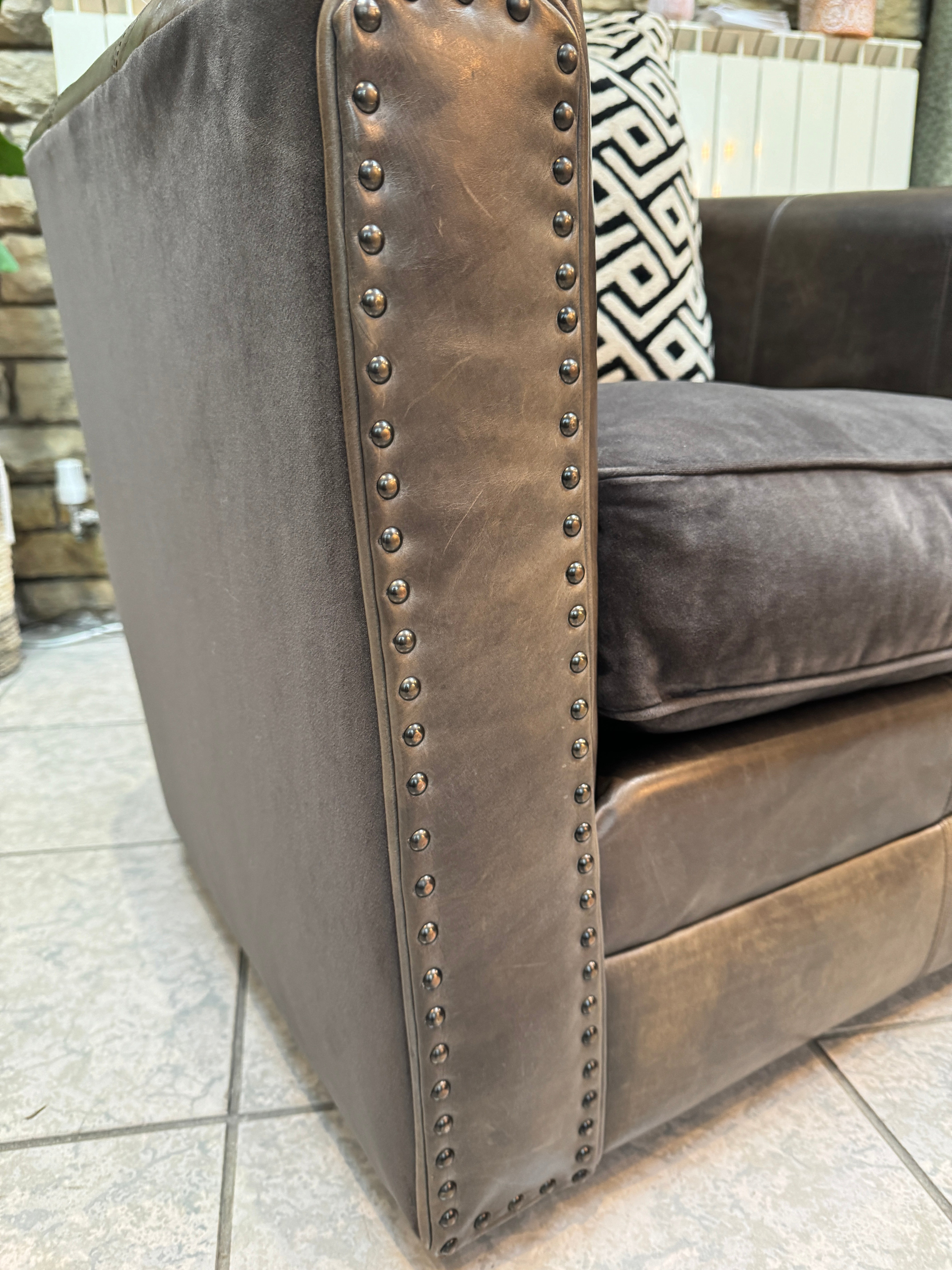 Glimmer swivel base accent tub chair in Cognac brown distressed leather & velvet