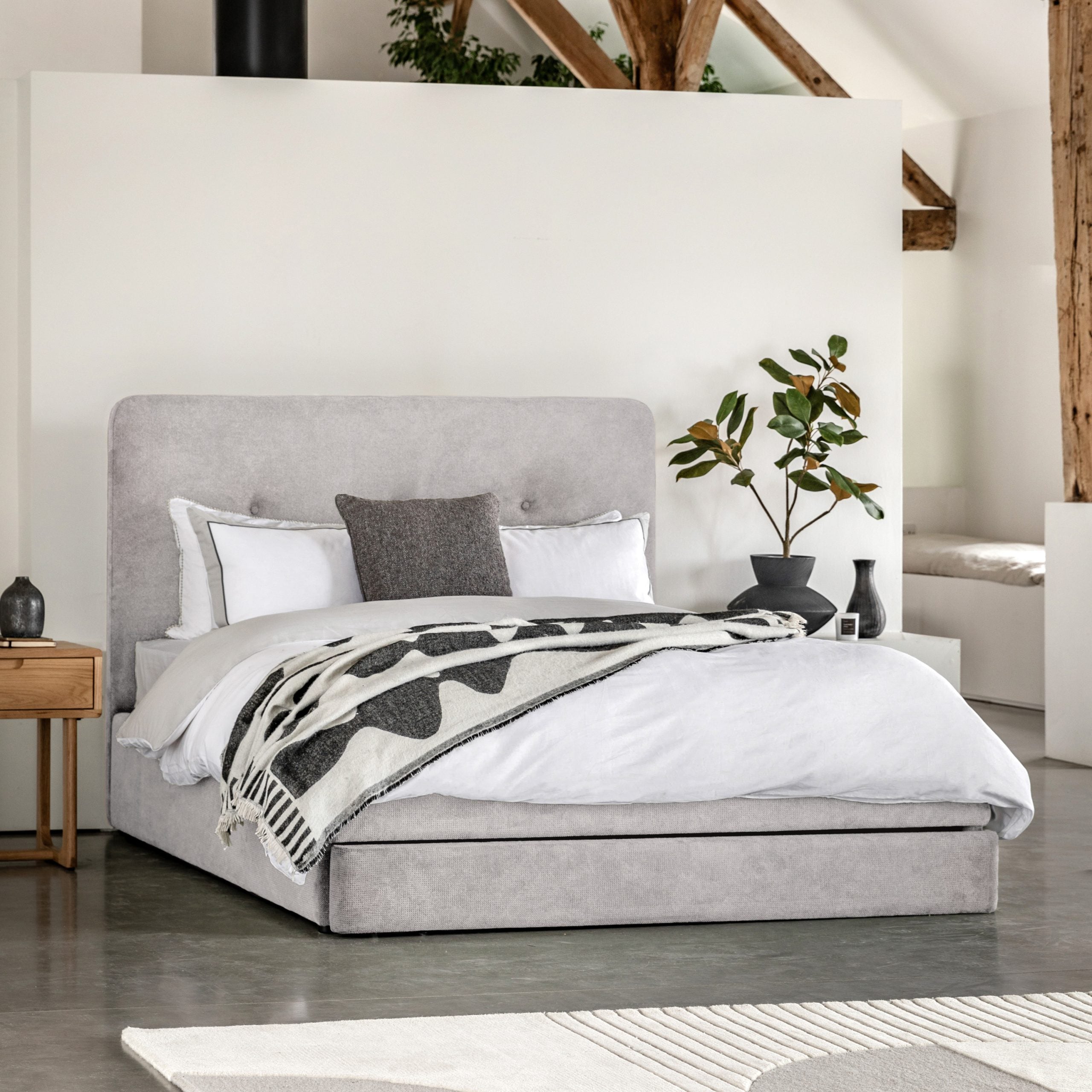 Marple fabric King size Bed frame with storage drawer - available in Green & Taupe
