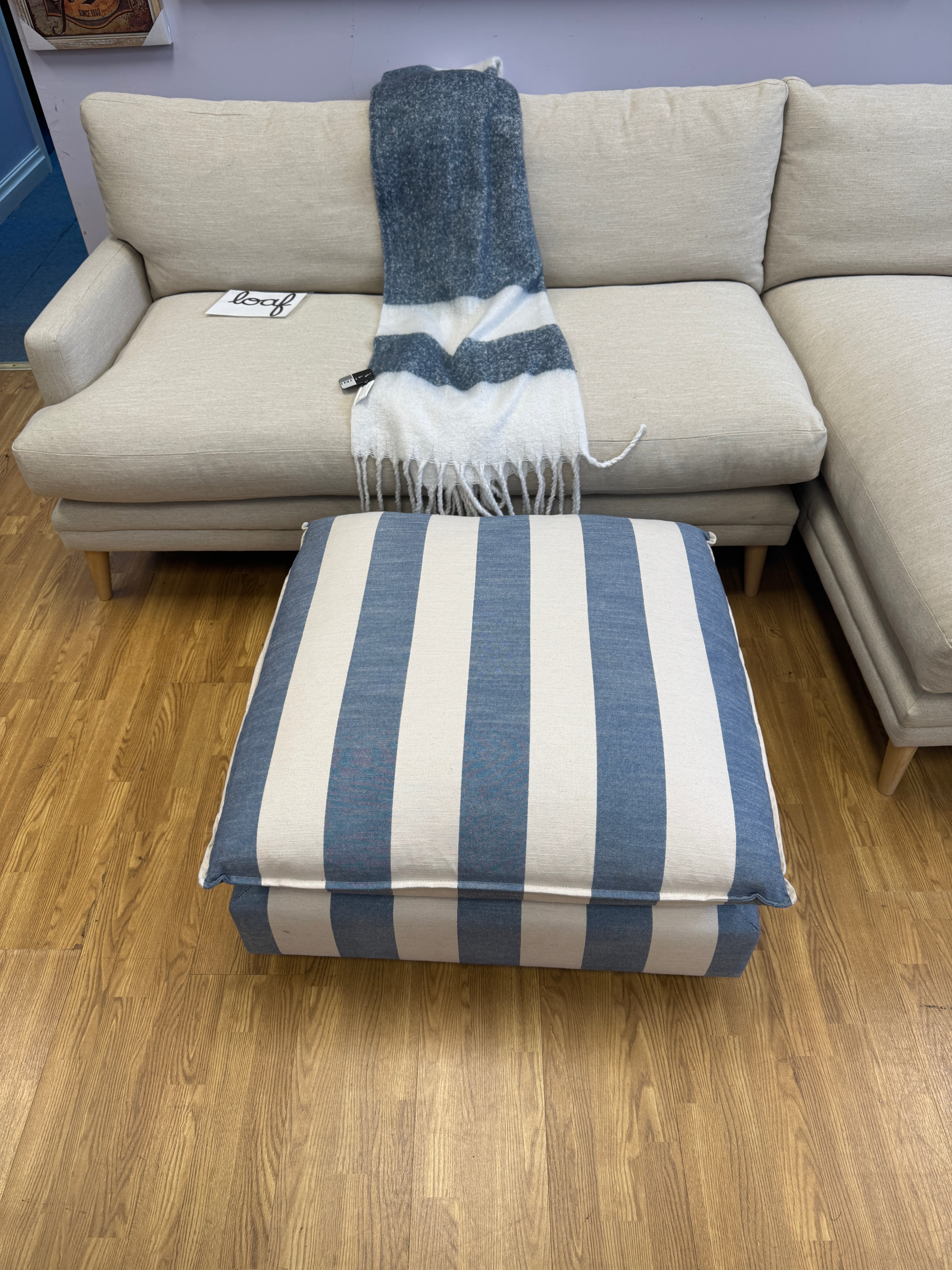 Porthleven padded top blue stripe linen fabric footstool