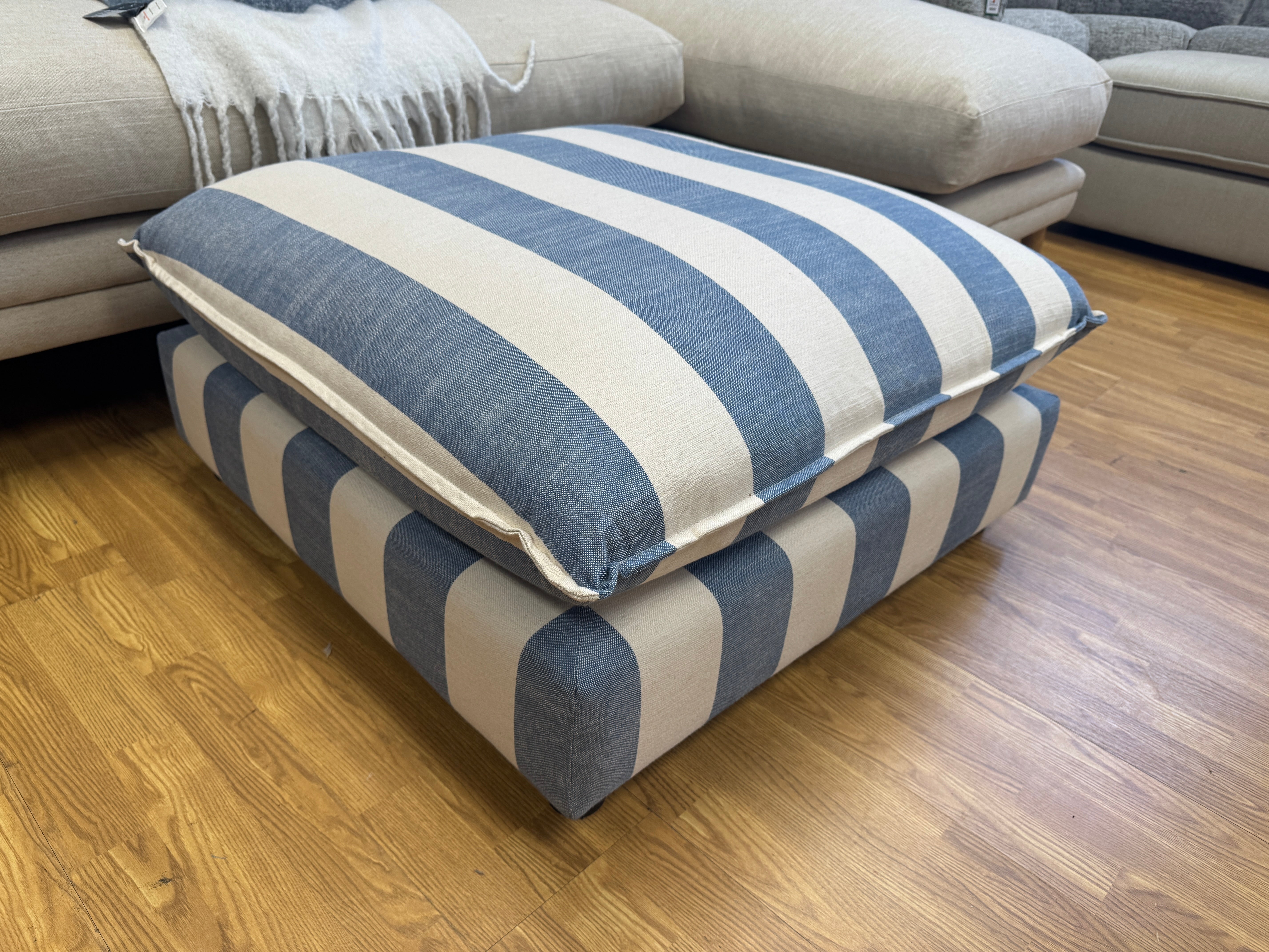 Porthleven padded top blue stripe linen fabric footstool