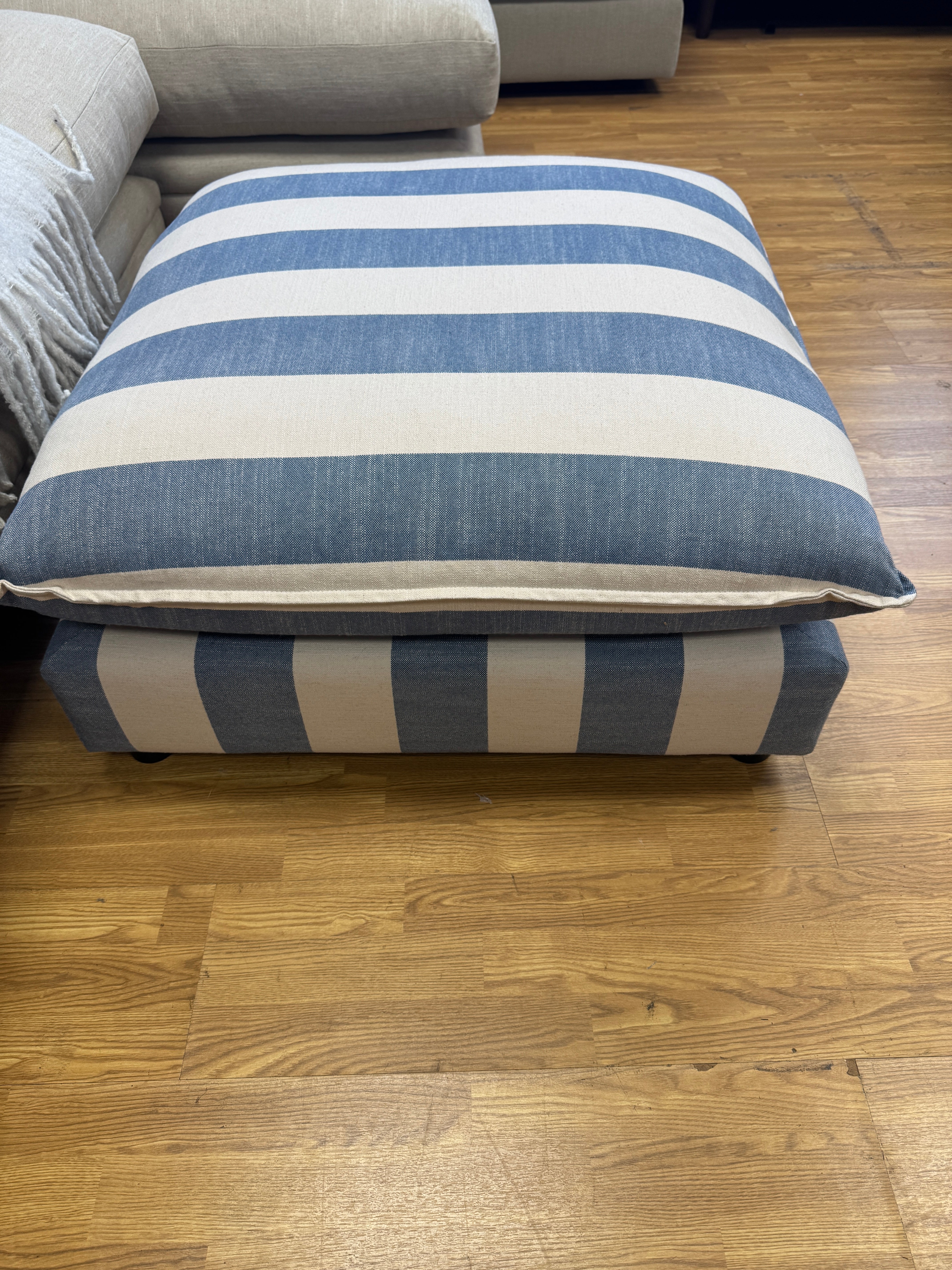 Porthleven padded top blue stripe linen fabric footstool