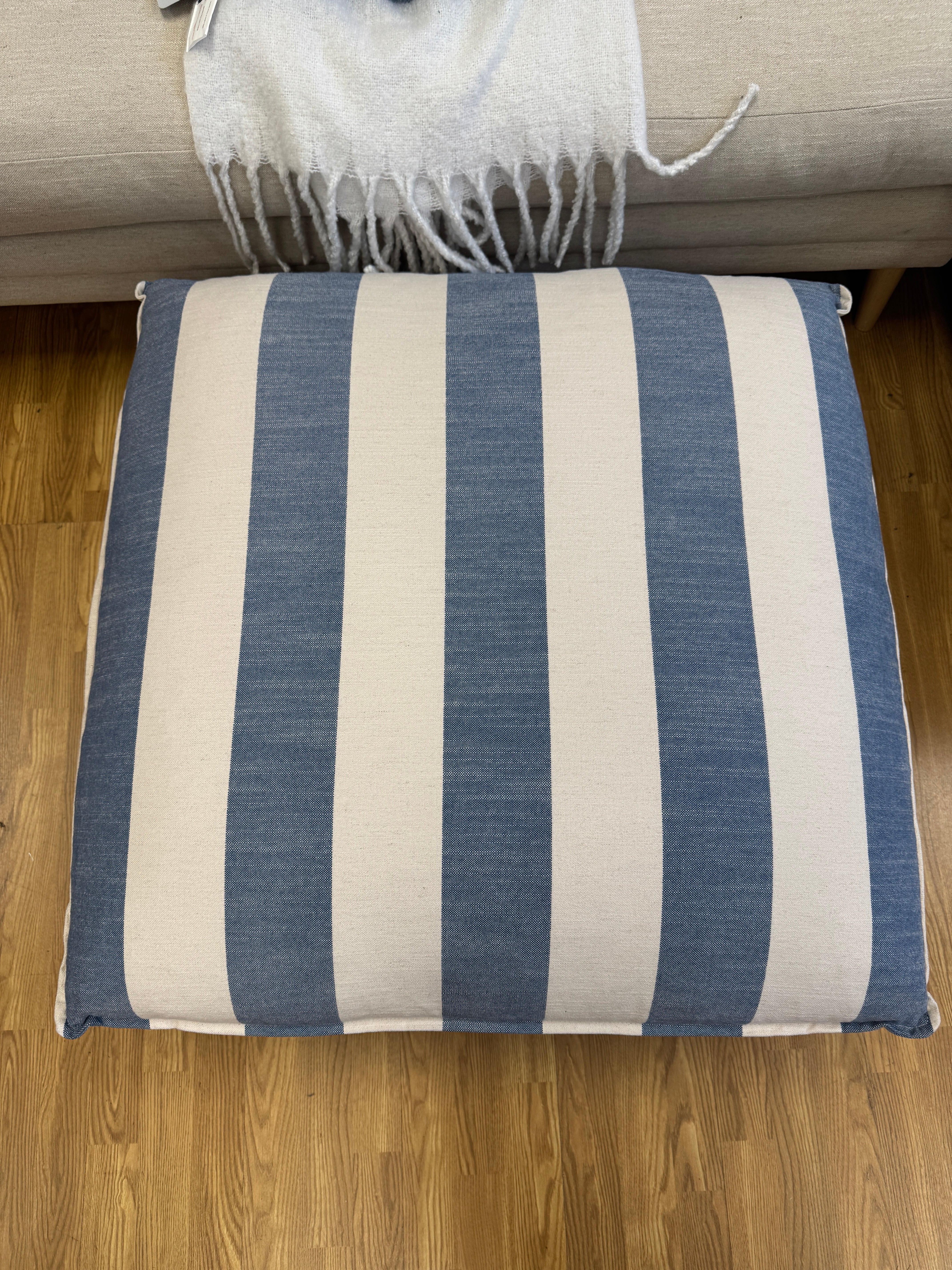 Porthleven padded top blue stripe linen fabric footstool