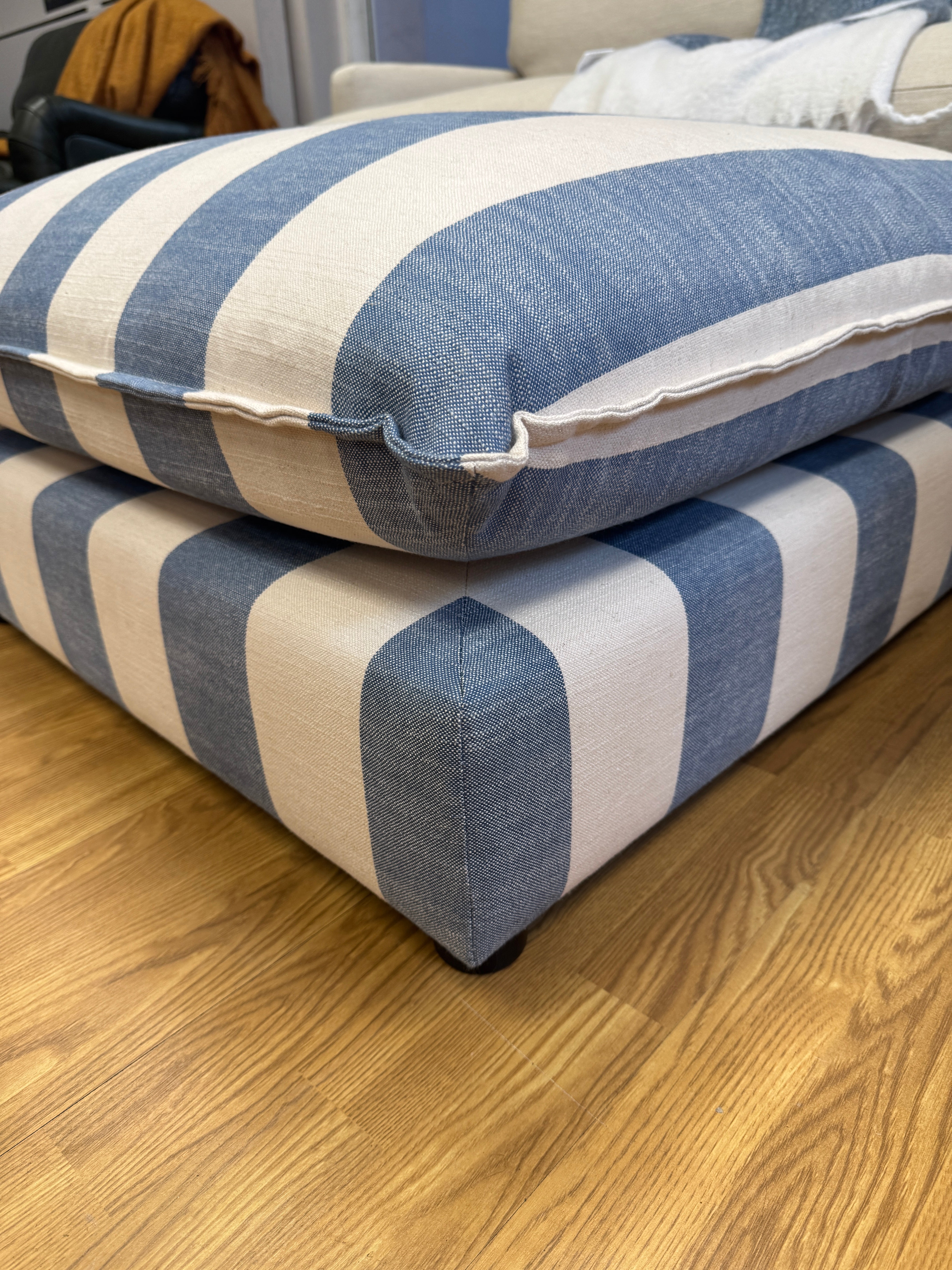 Porthleven padded top blue stripe linen fabric footstool
