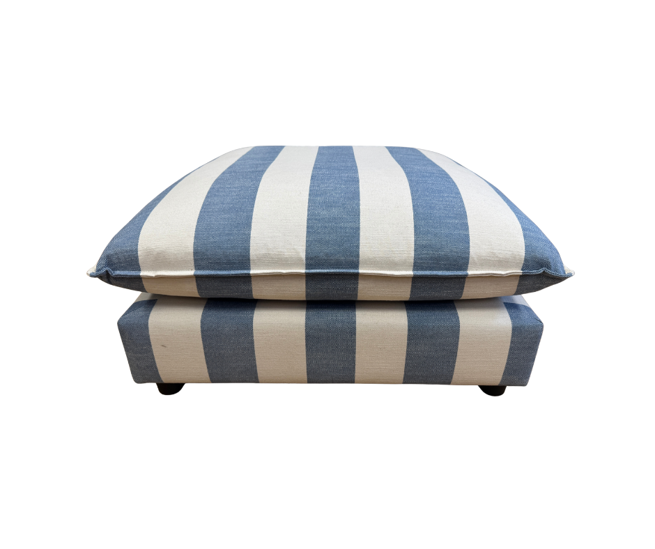 Porthleven padded top blue stripe linen fabric footstool