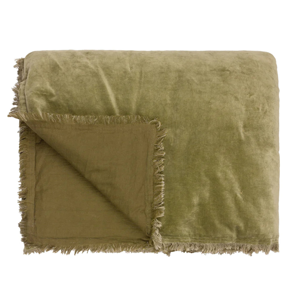 Jaye Cotton Velvet Filled Bedspread in Moss 140 x 220cm