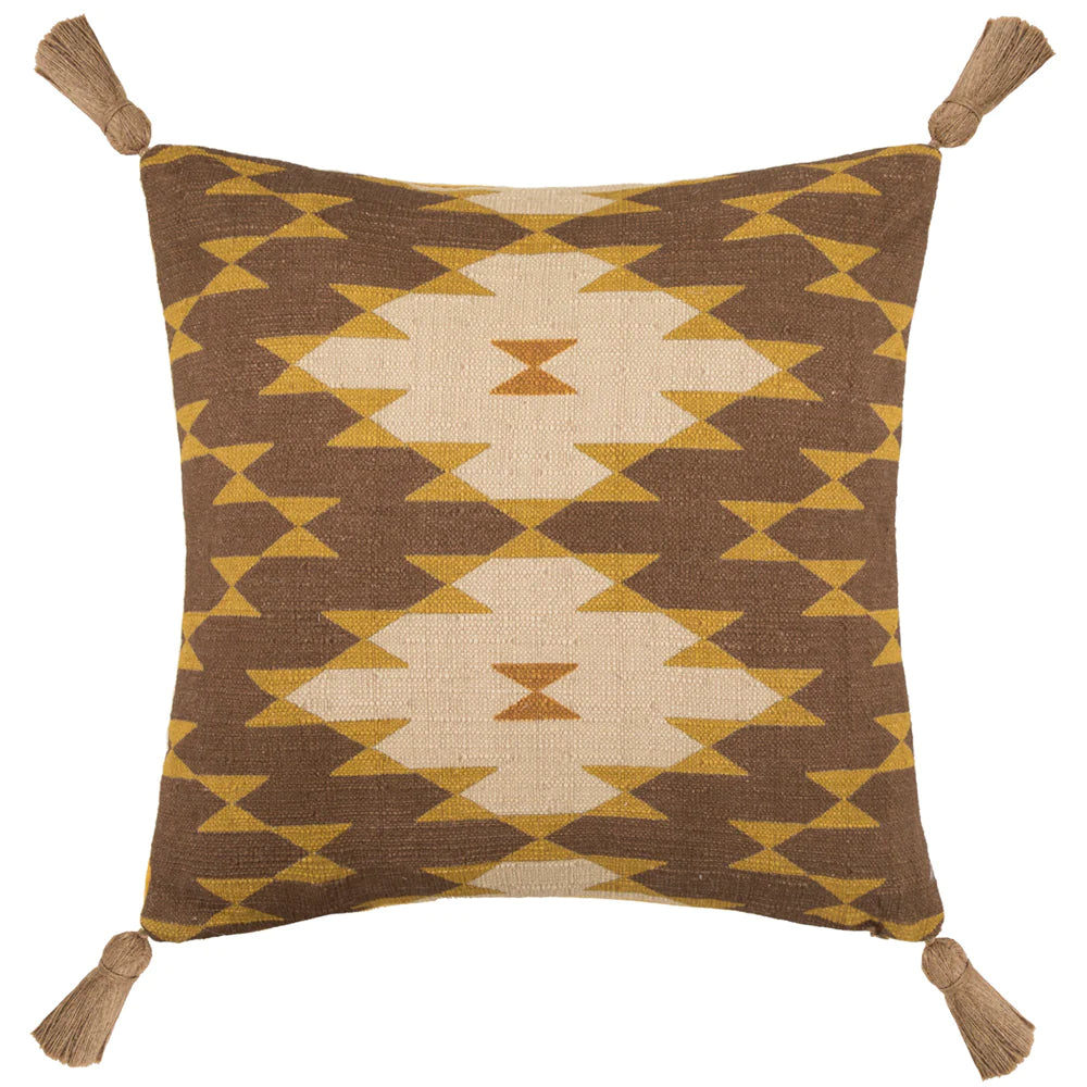 Kaya printed feather Cushion with tassels 50cm x 50cm Sepia