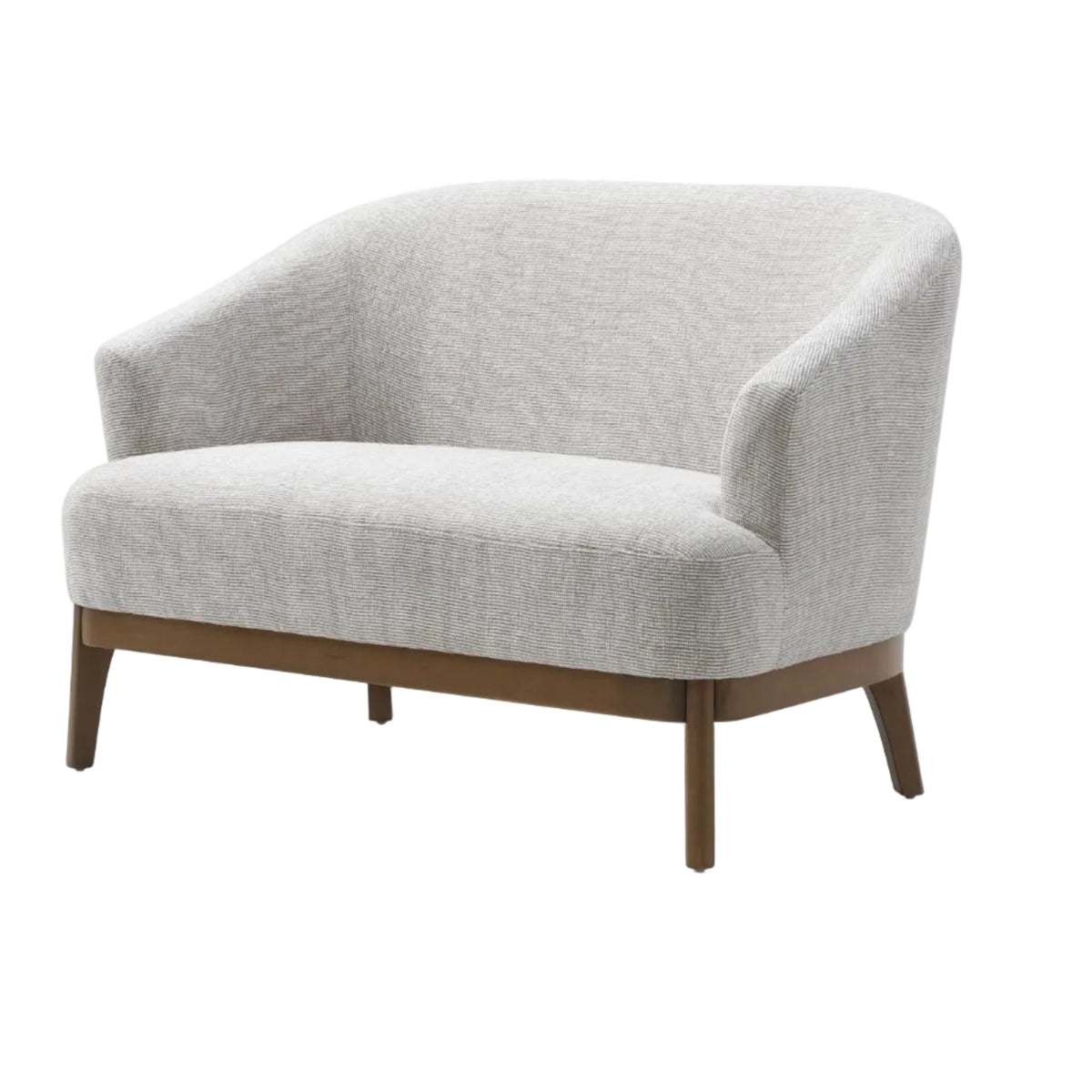 A modern two-seater loveseat armchair with light gray textured fabric upholstery and tapered dark brown wooden legs, shown on a white background.