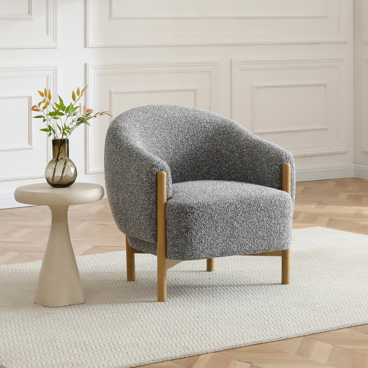 Suzie barrel style chair in Luxe boucle