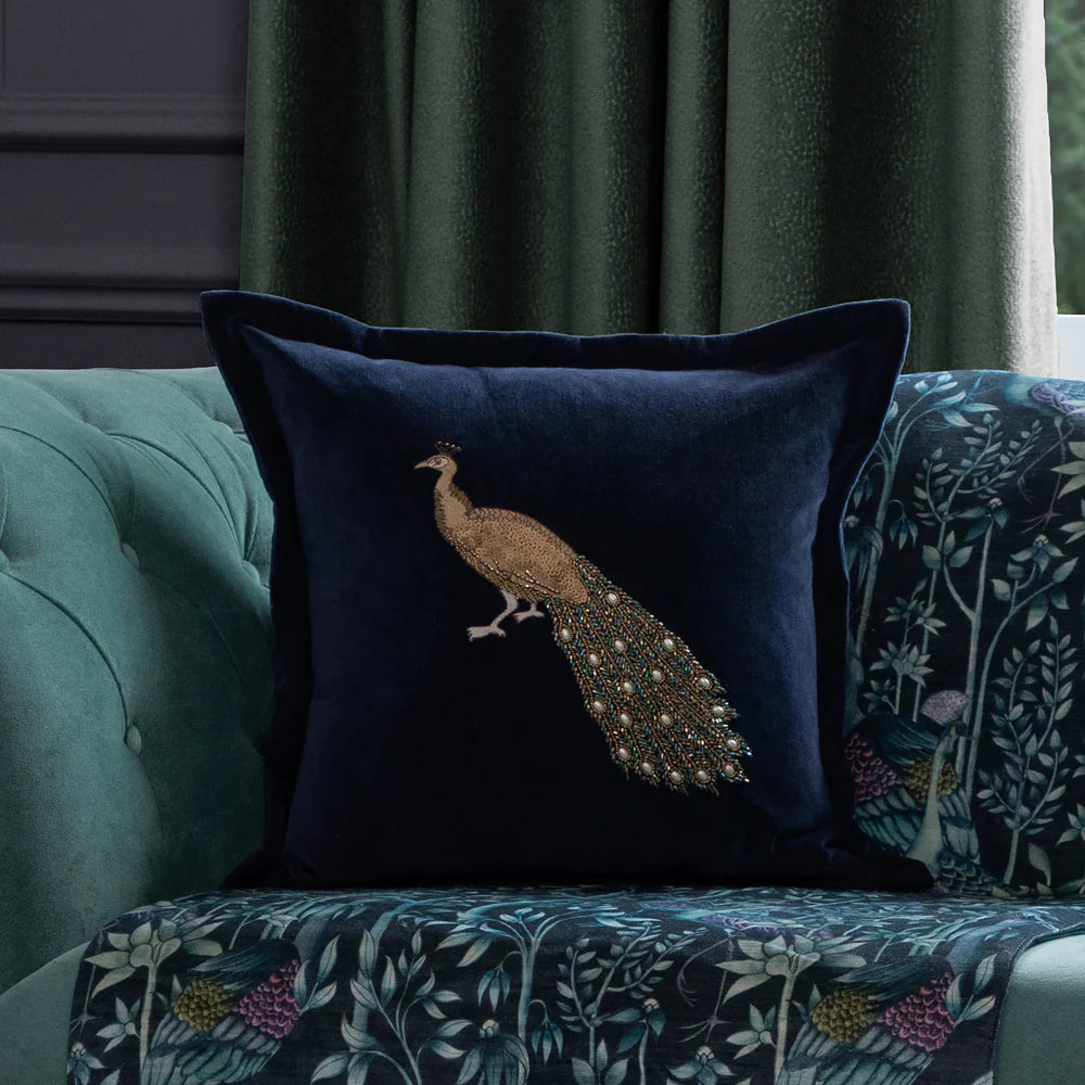 Mayura Embroidered Peacock feather Cushion 55cm x 55cm Midnight