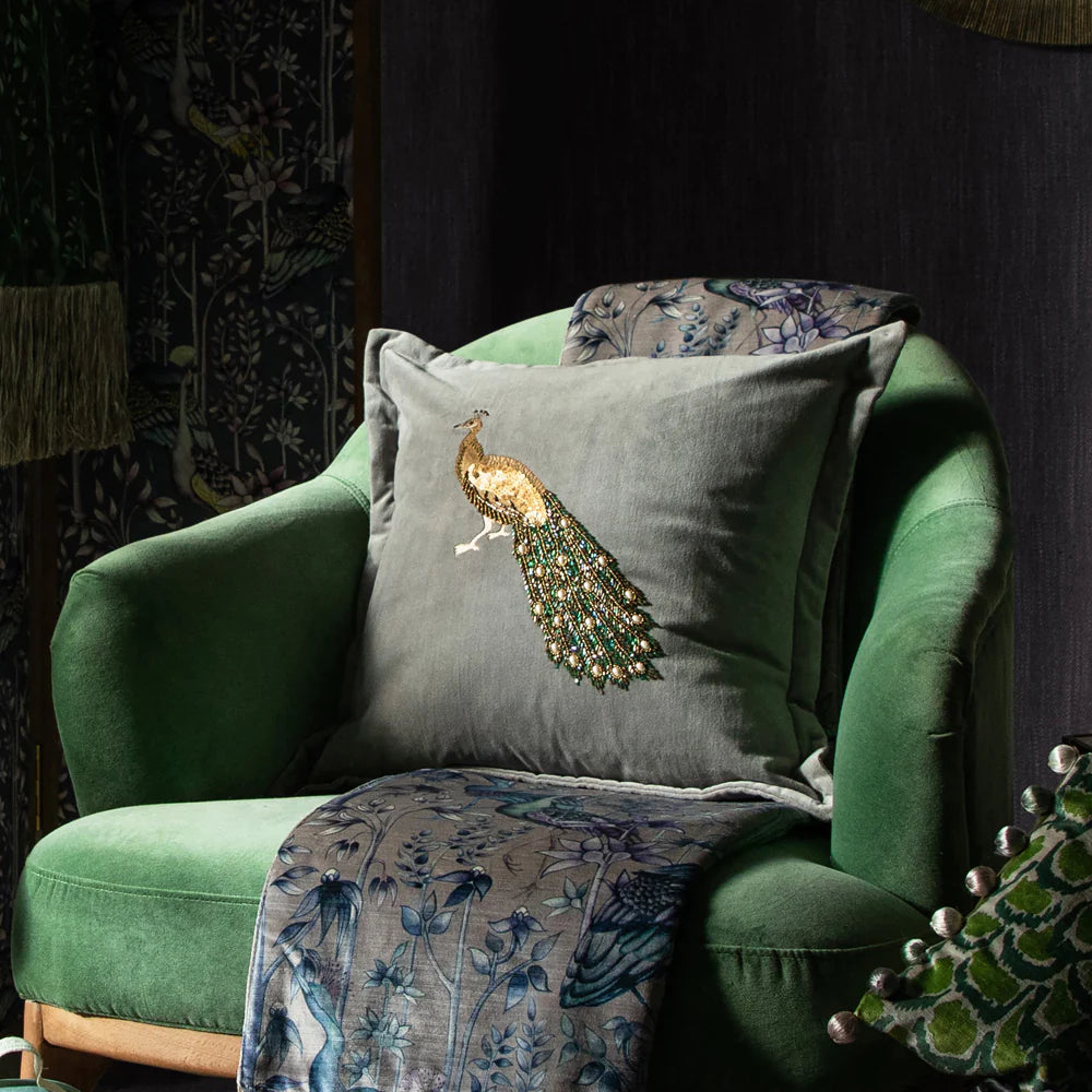 Mayura Embroidered Peacock feather Cushion 55cm x 55cm Steel