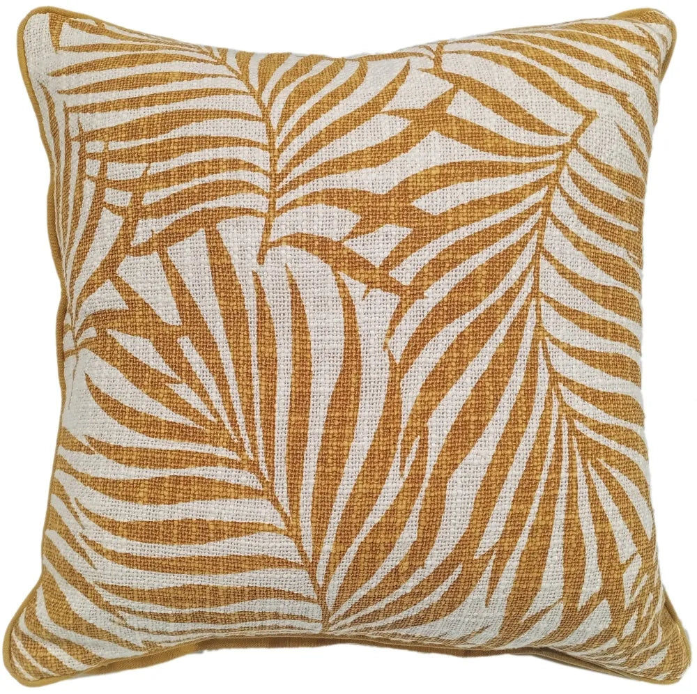 Wapi leaf print feather filled 100% cotton weave cushion 45 x 45cm Mustard