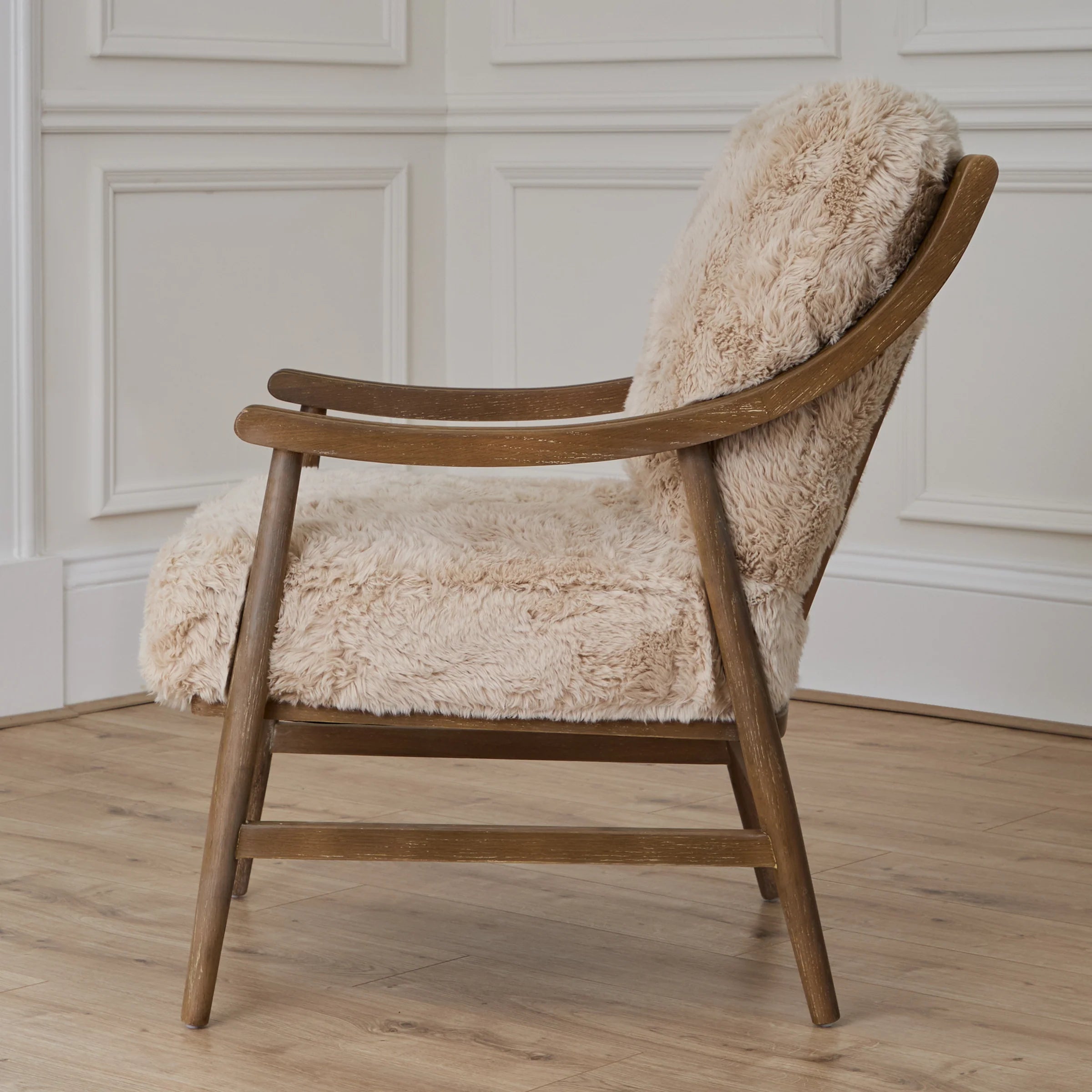 Struan wooden frame accent chair in natural sherpa fabric