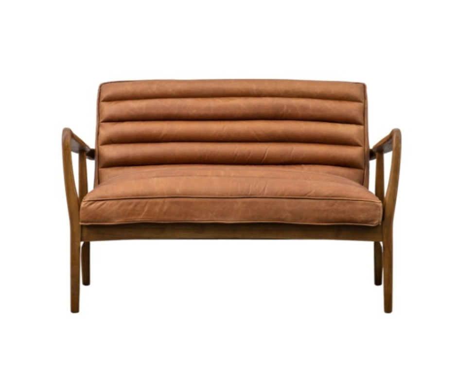Datsun 2 seater ribbed leather sofa with oak frame