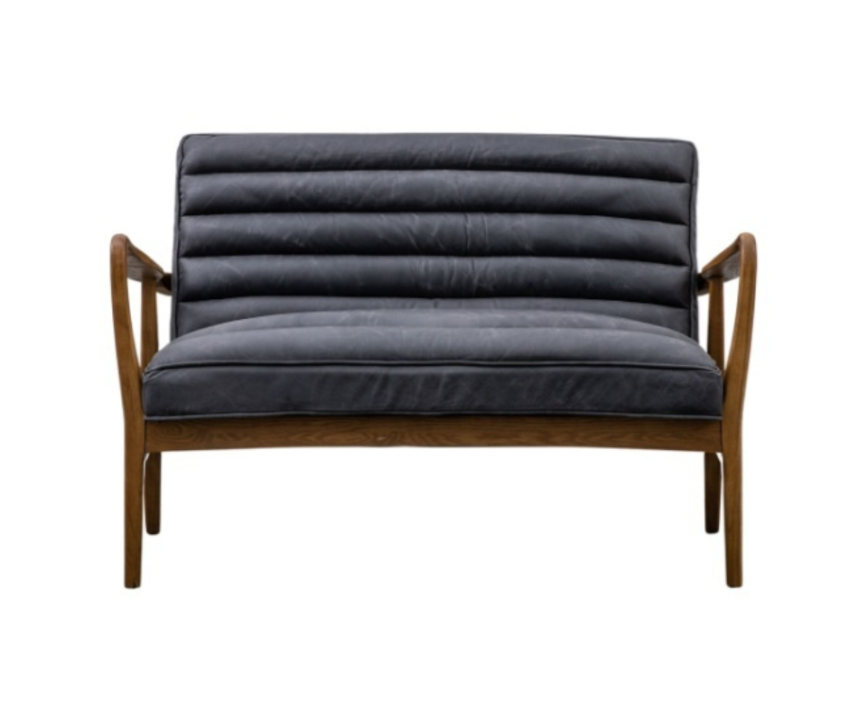Datsun 2 seater ribbed leather sofa with oak frame