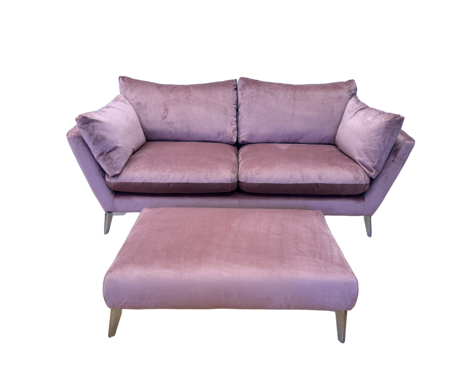 Elton curved sided large 3 seater sofa in Blush pink velvet fabric & matching footstool