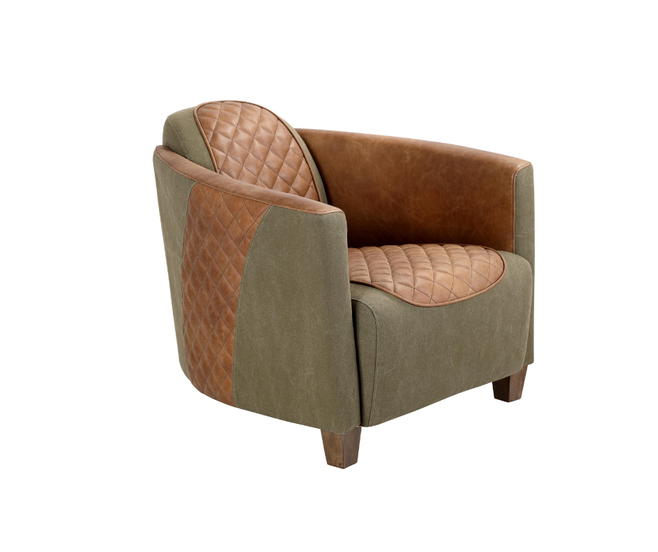 Vincent accent chair in quilted tan leather and khaki canvas