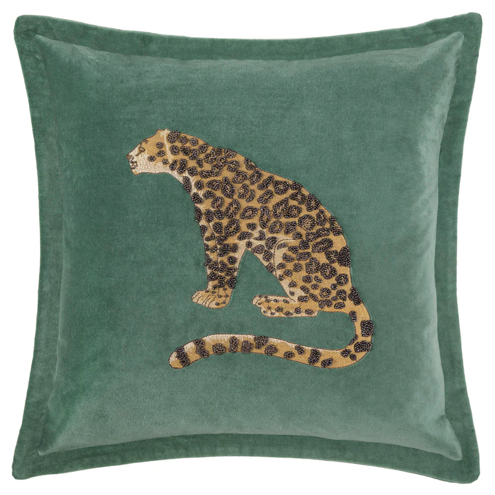 Waghoba Embroidered Leopard feather Cushion 55cm x 55cm Aqua