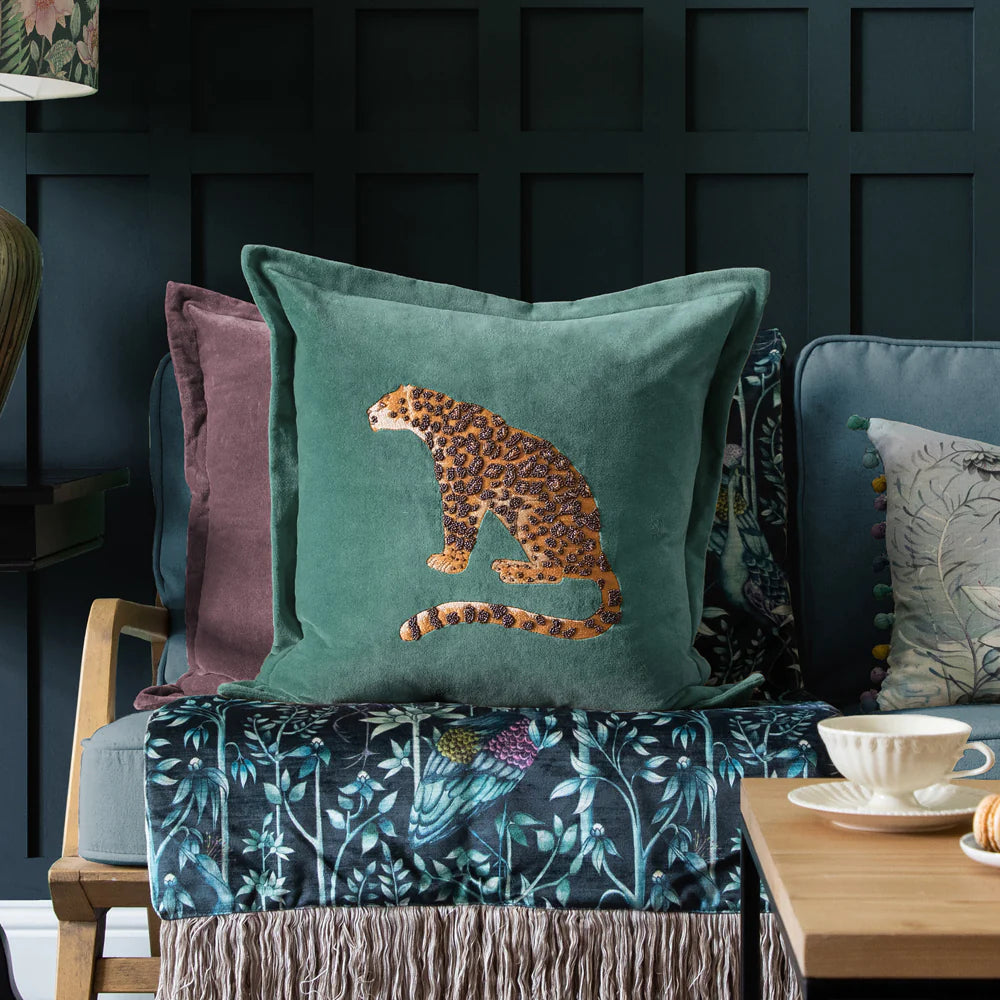 Waghoba Embroidered Leopard feather Cushion 55cm x 55cm Aqua